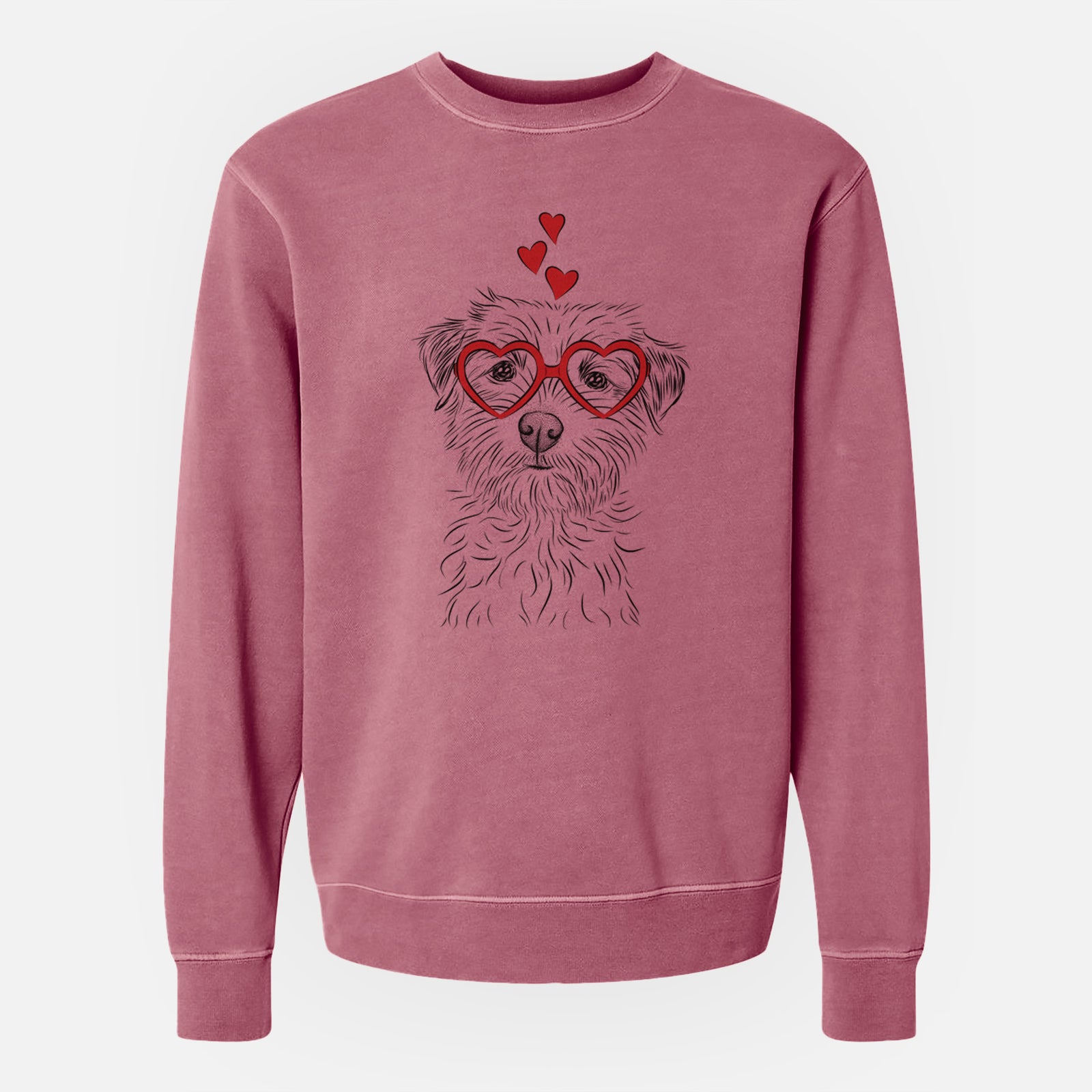 Hand-drawn sketch of Benjamin the Border Terrier wearing heart-shaped glasses on a Maroon Unisex pigment dyed crew sweatshirt