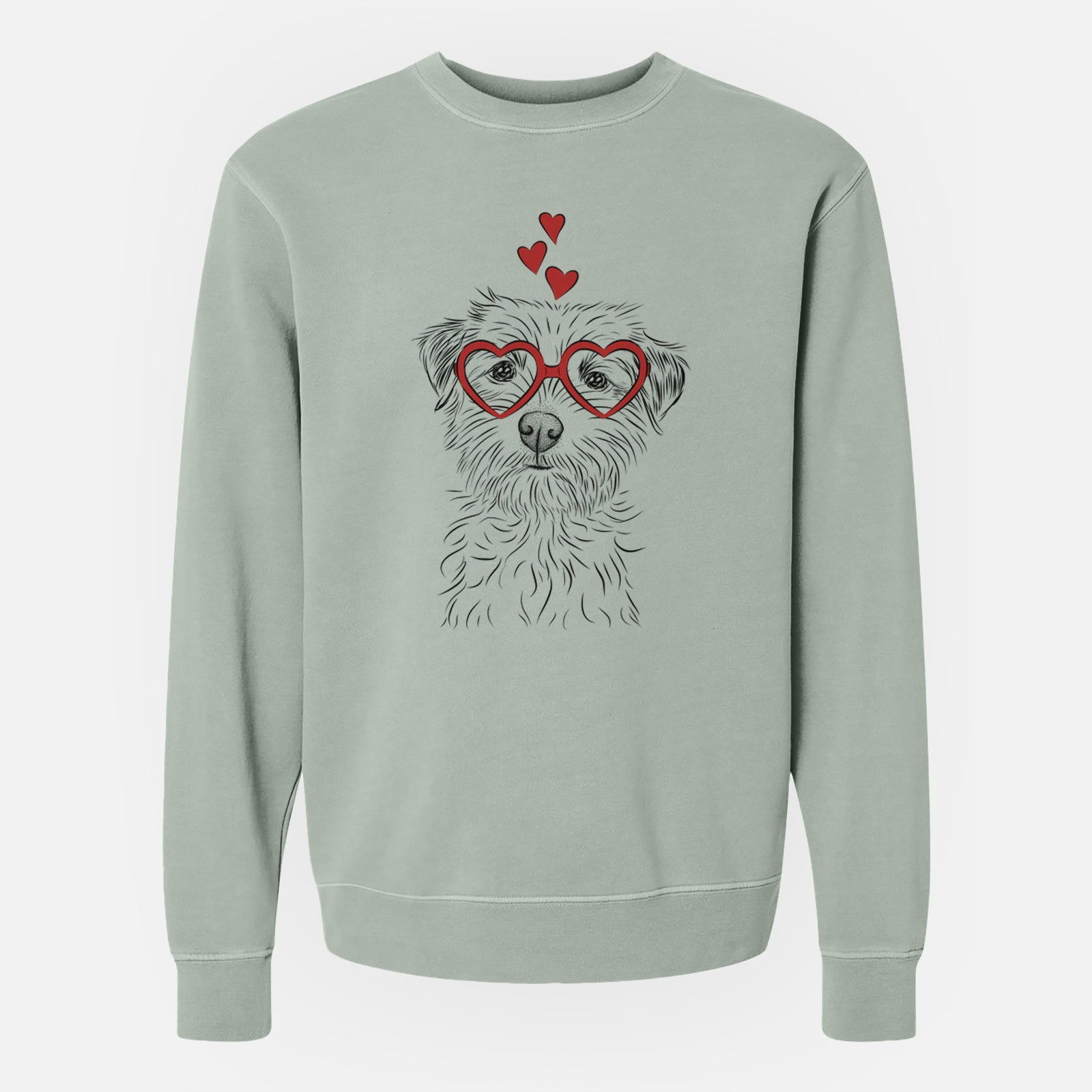 Hand-drawn sketch of Benjamin the Border Terrier wearing heart-shaped glasses on a Sage Unisex pigment dyed crew sweatshirt