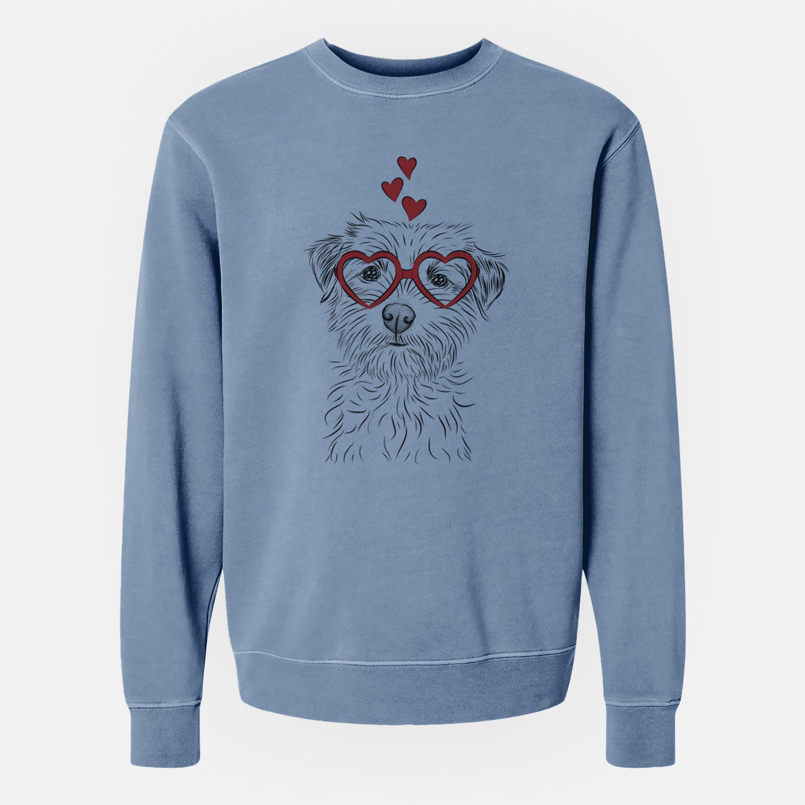 Hand-drawn sketch of Benjamin the Border Terrier wearing heart-shaped glasses on a Slate Blue Unisex pigment dyed crew sweatshirt