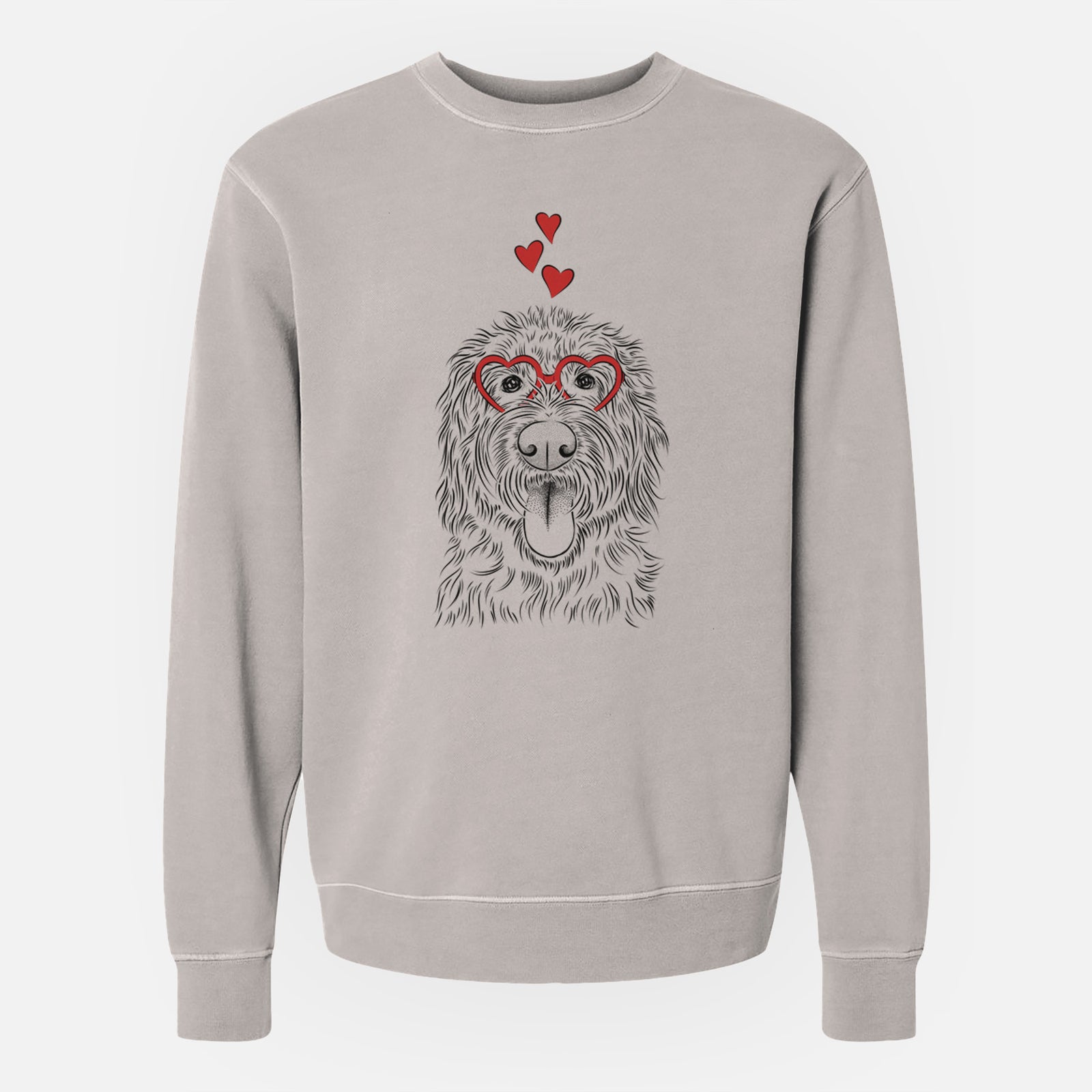 Hand-drawn sketch of Bennett the Doodle wearing heart-shaped glasses on a Cement Unisex pigment dyed crew sweatshirt