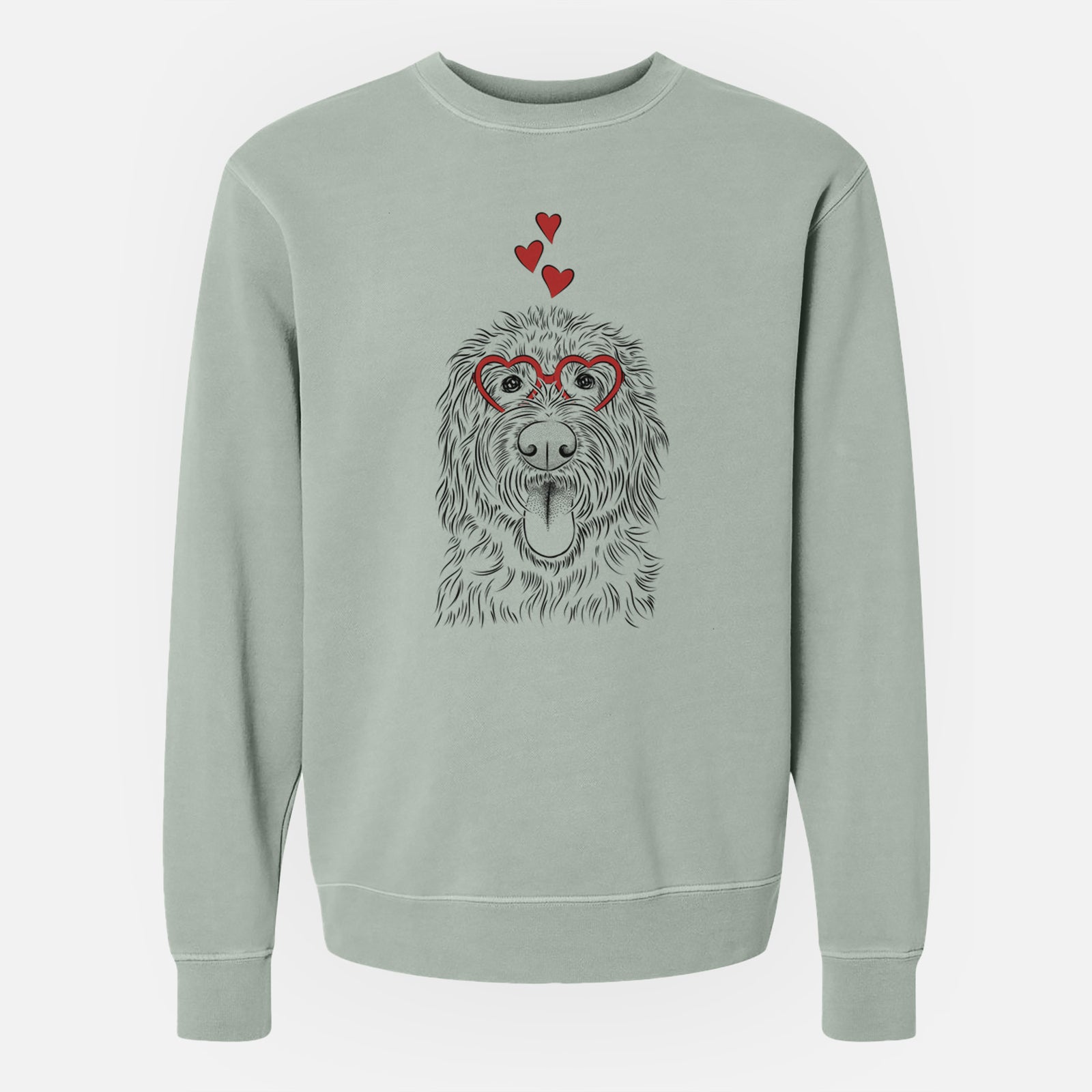Hand-drawn sketch of Bennett the Doodle wearing heart-shaped glasses on a Sage Unisex pigment dyed crew sweatshirt