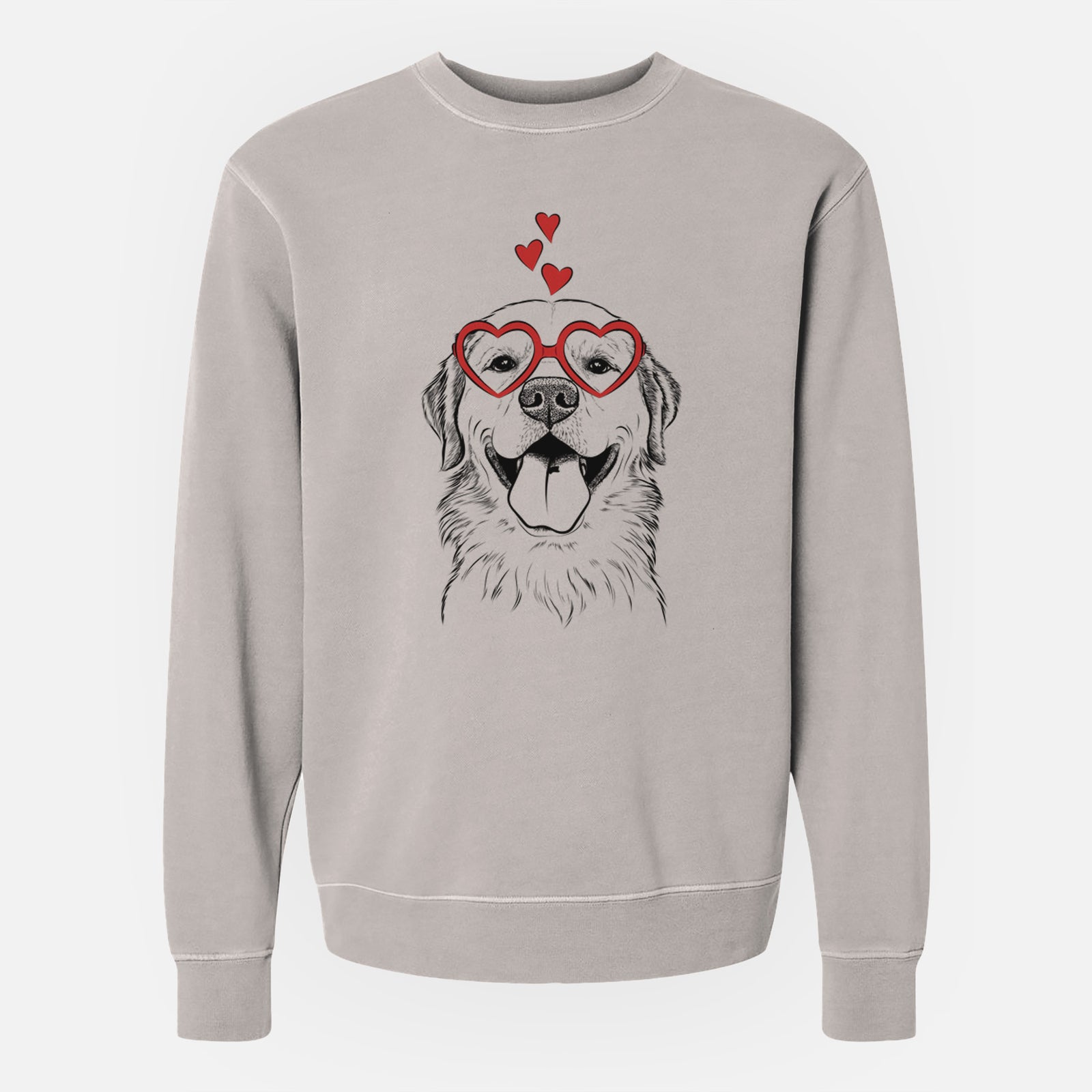 Hand-drawn sketch of Bennett the Golden Retriever wearing heart-shaped glasses on a Cement Unisex pigment dyed crew sweatshirt