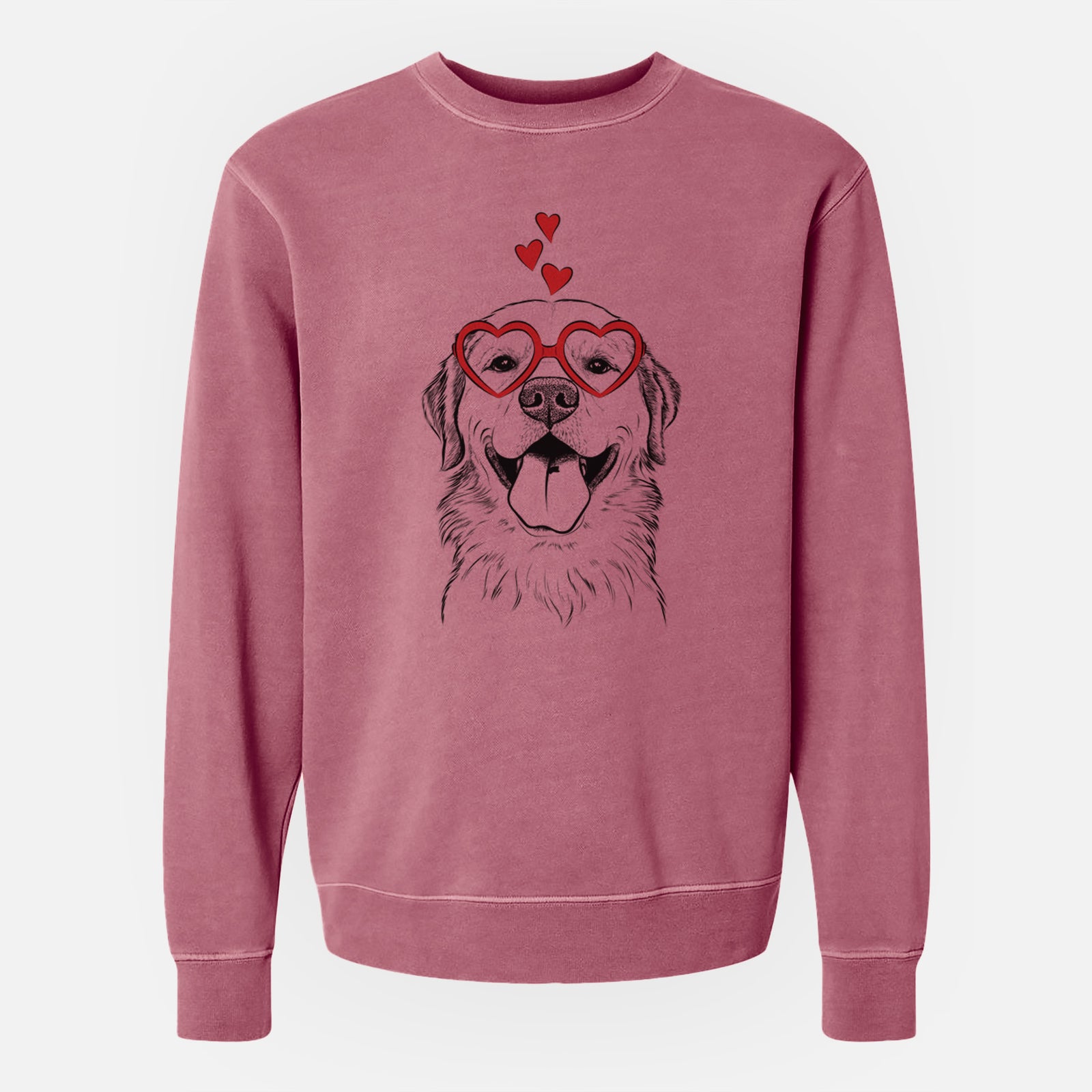 Hand-drawn sketch of Bennett the Golden Retriever wearing heart-shaped glasses on a Maroon Unisex pigment dyed crew sweatshirt