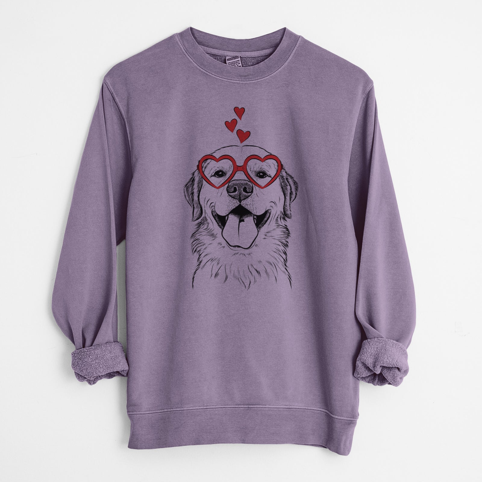 Hand-drawn sketch of Bennett the Golden Retriever wearing heart-shaped glasses on a Plum Unisex pigment dyed crew sweatshirt