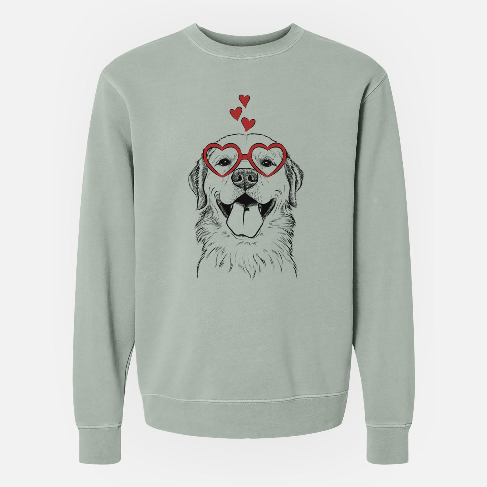 Hand-drawn sketch of Bennett the Golden Retriever wearing heart-shaped glasses on a Sage Unisex pigment dyed crew sweatshirt