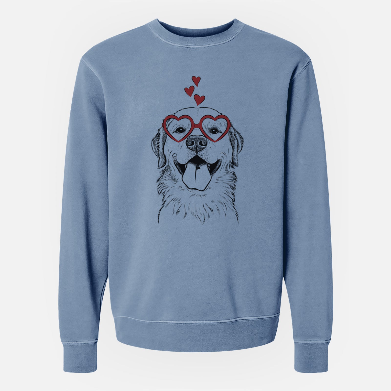 Hand-drawn sketch of Bennett the Golden Retriever wearing heart-shaped glasses on a Slate Blue Unisex pigment dyed crew sweatshirt