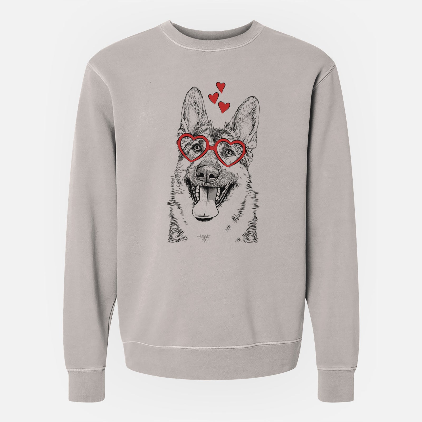 Hand-drawn sketch of Benson the German Shepherd wearing heart-shaped glasses on a Cement Unisex pigment dyed crew sweatshirt