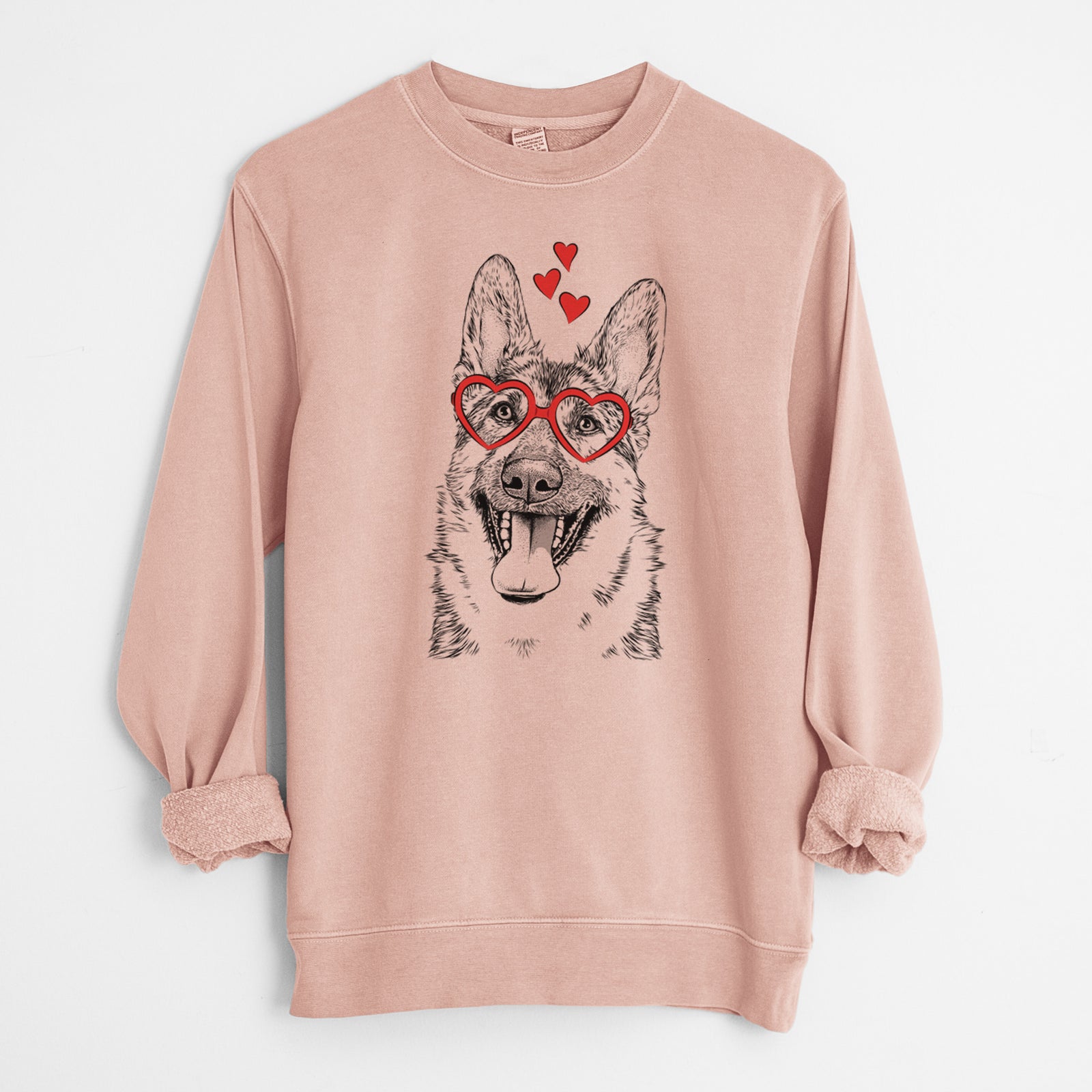 Hand-drawn sketch of Benson the German Shepherd wearing heart-shaped glasses on a Dusty Pink Unisex pigment dyed crew sweatshirt