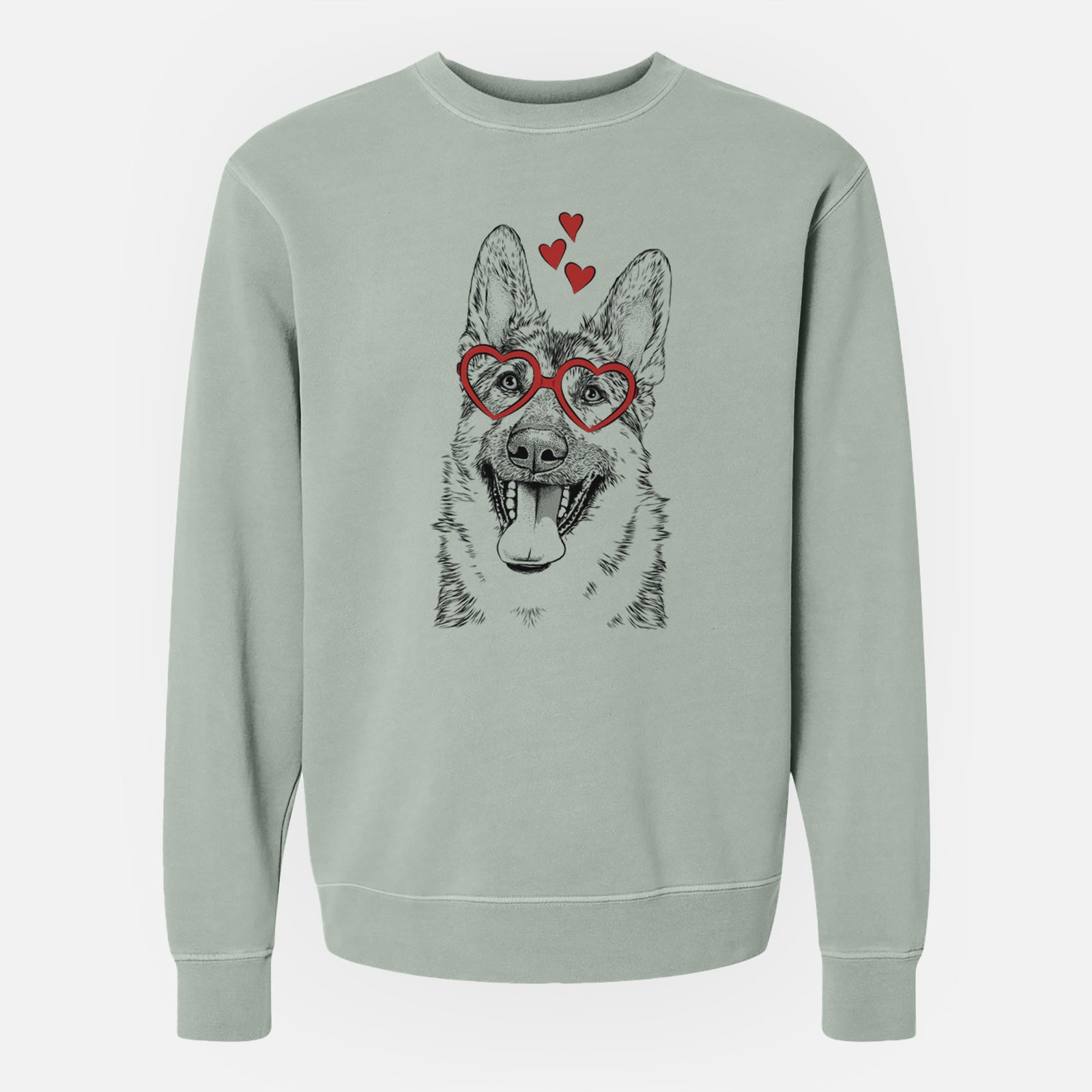 Hand-drawn sketch of Benson the German Shepherd wearing heart-shaped glasses on a Sage Unisex pigment dyed crew sweatshirt