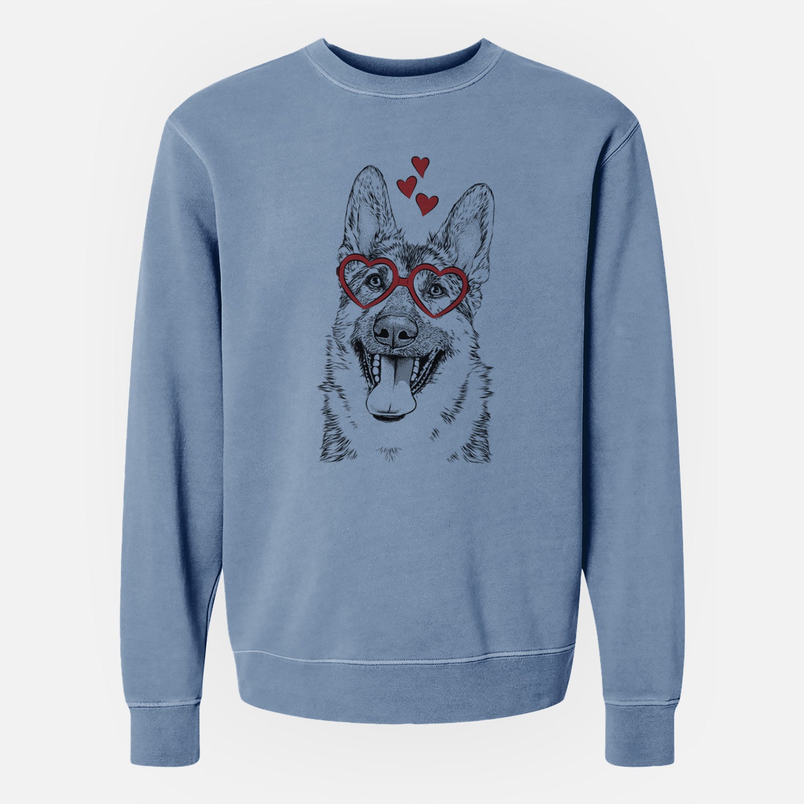 Hand-drawn sketch of Benson the German Shepherd wearing heart-shaped glasses on a Slate Blue Unisex pigment dyed crew sweatshirt