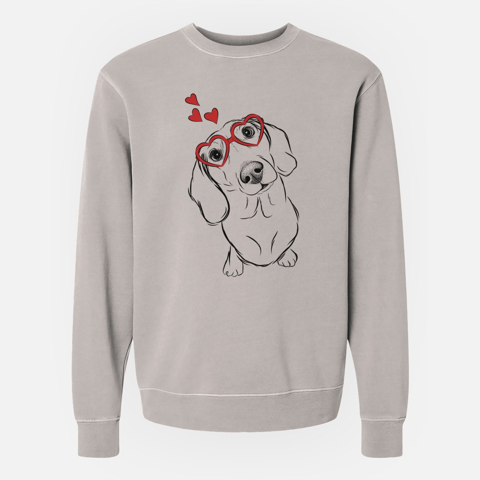 Hand-drawn sketch of Bill the Dachshund wearing heart-shaped glasses on a Cement Unisex pigment dyed crew sweatshirt