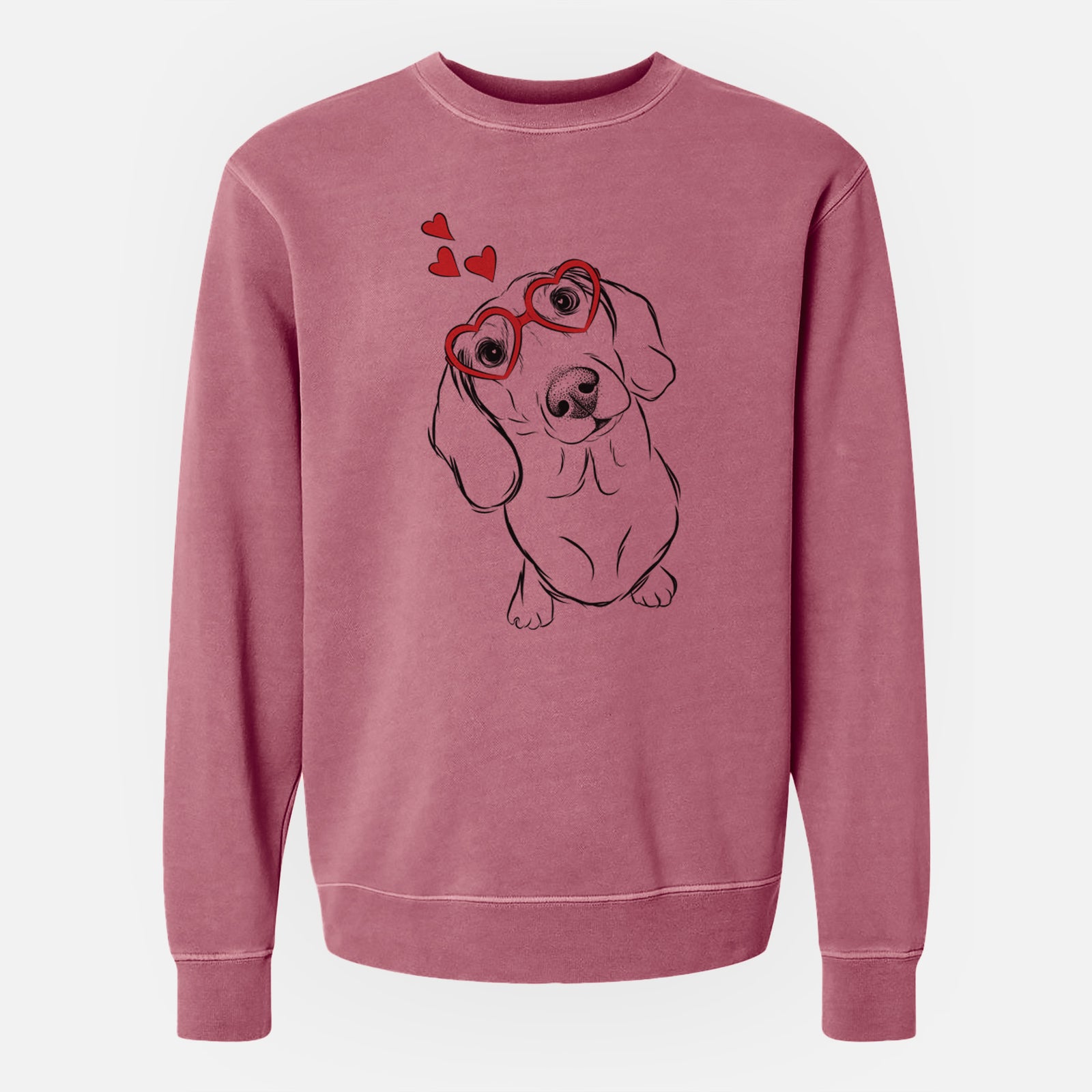 Hand-drawn sketch of Bill the Dachshund wearing heart-shaped glasses on a Maroon Unisex pigment dyed crew sweatshirt