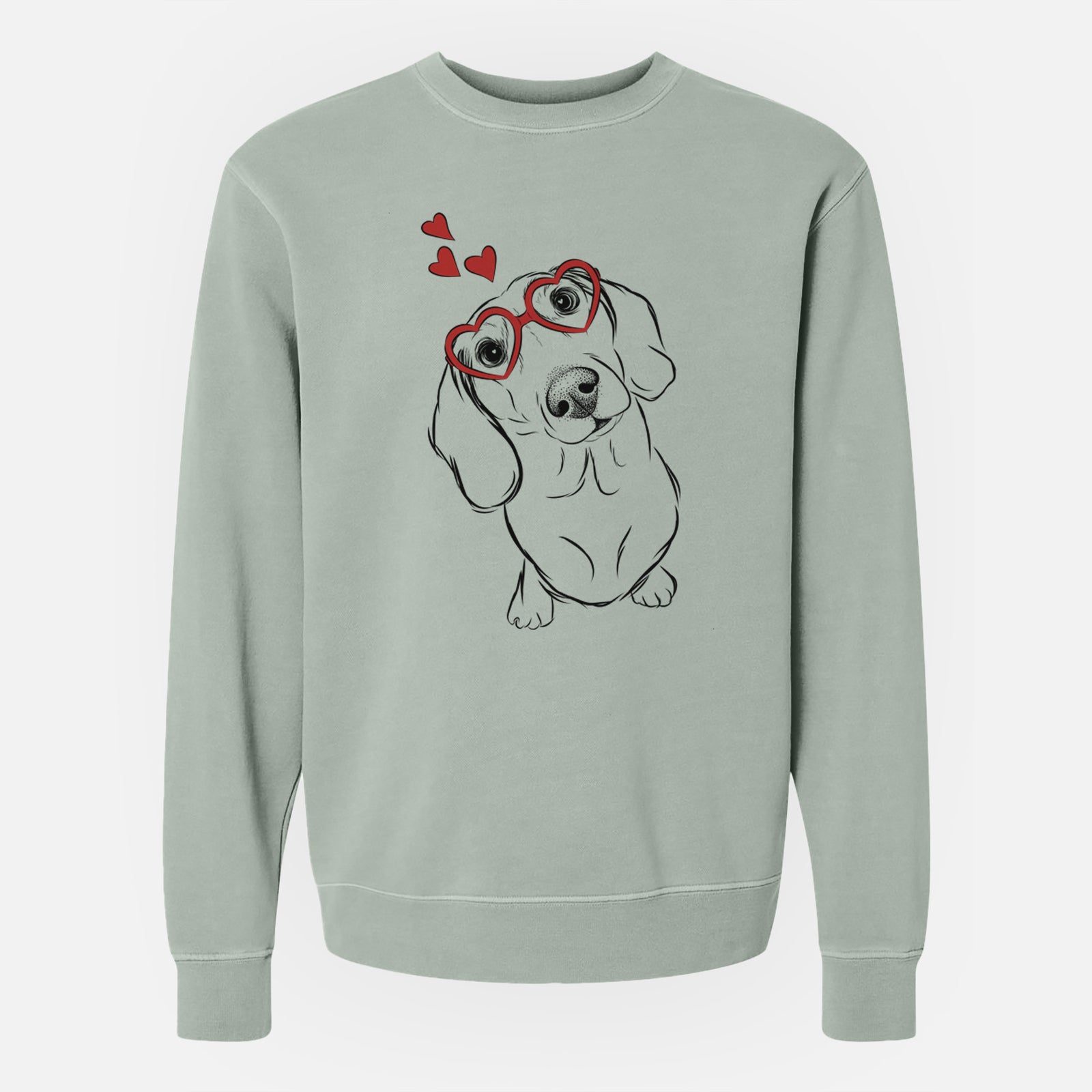 Hand-drawn sketch of Bill the Dachshund wearing heart-shaped glasses on a Sage Unisex pigment dyed crew sweatshirt