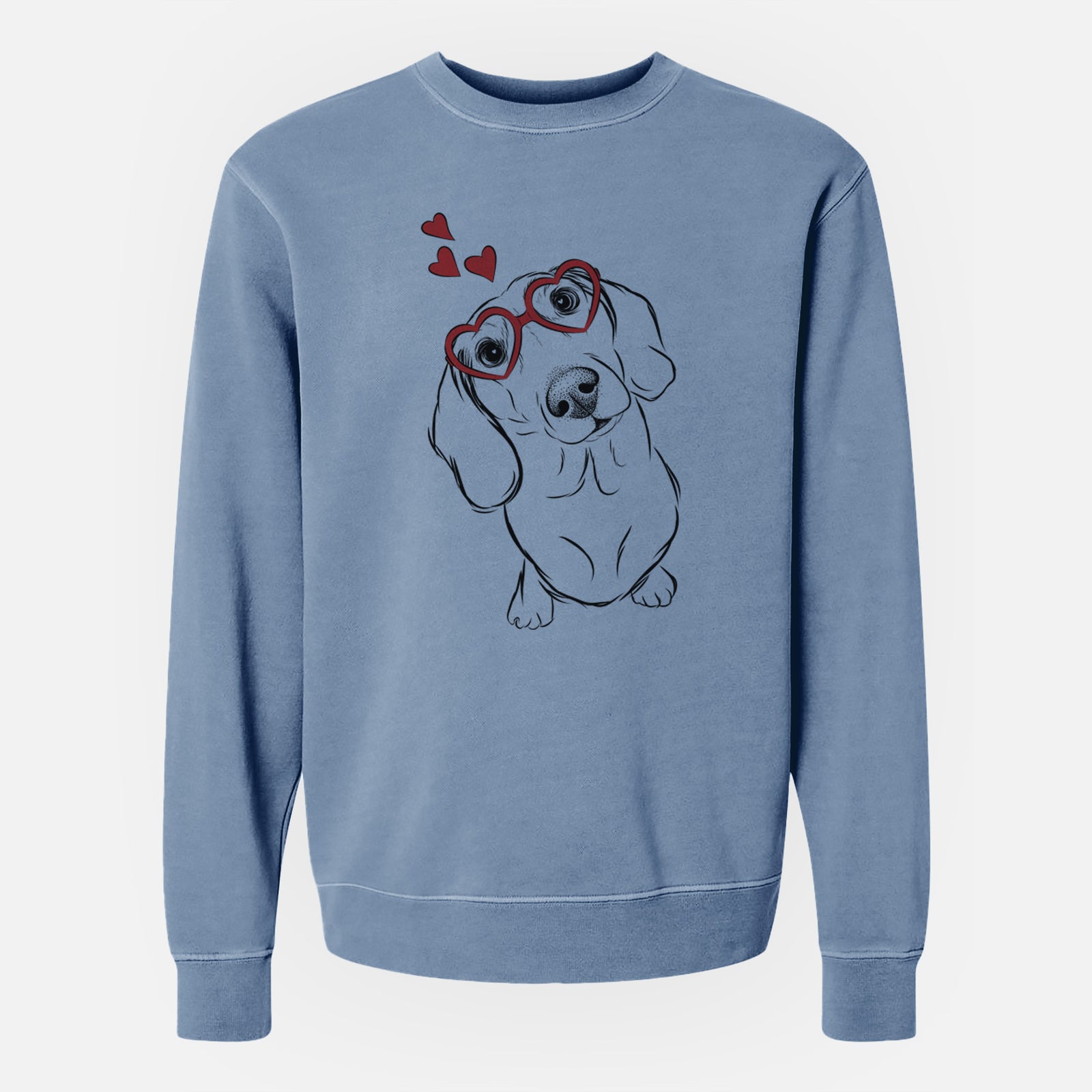 Hand-drawn sketch of Bill the Dachshund wearing heart-shaped glasses on a Slate Blue Unisex pigment dyed crew sweatshirt