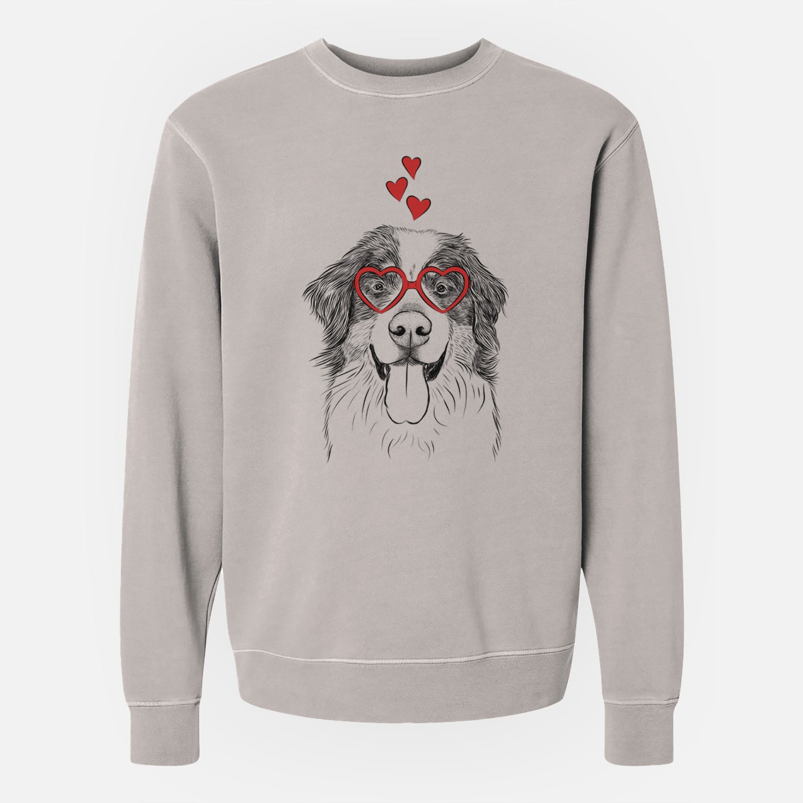 Hand-drawn sketch of Blaze the Bernese Mountain Dog wearing heart-shaped glasses on a Cement Unisex pigment dyed crew sweatshirt