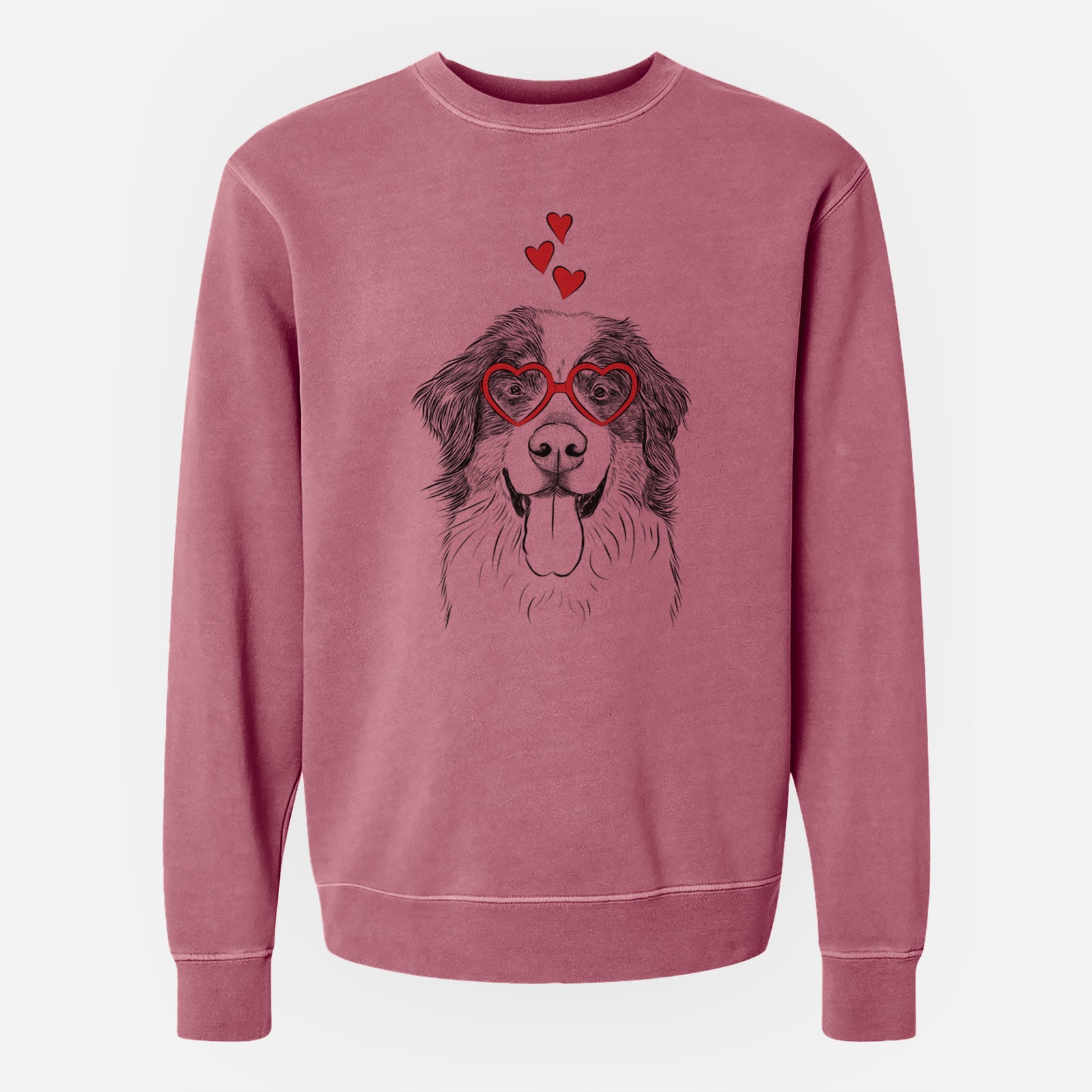 Hand-drawn sketch of Blaze the Bernese Mountain Dog wearing heart-shaped glasses on a Maroon Unisex pigment dyed crew sweatshirt