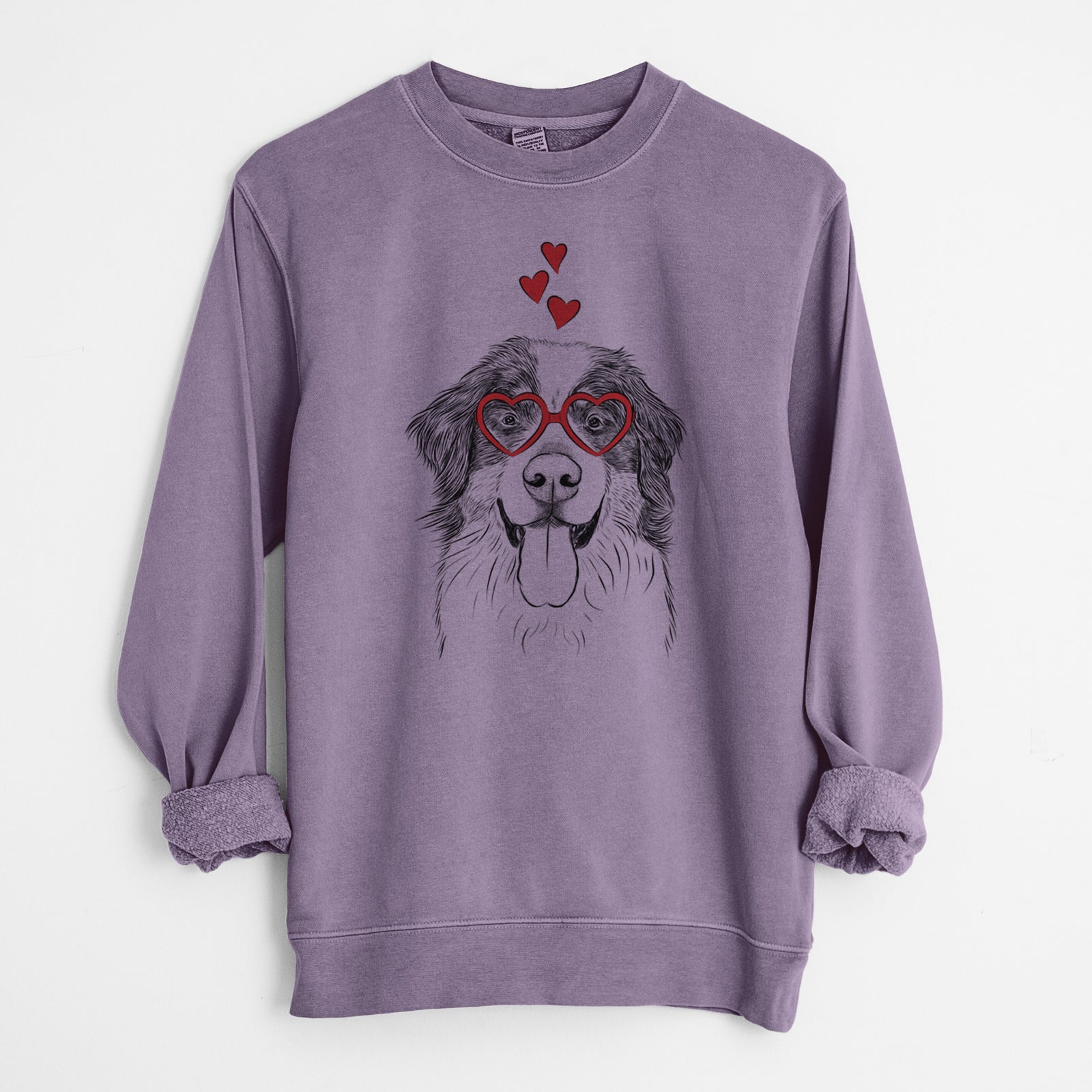 Hand-drawn sketch of Blaze the Bernese Mountain Dog wearing heart-shaped glasses on a Plum Unisex pigment dyed crew sweatshirt