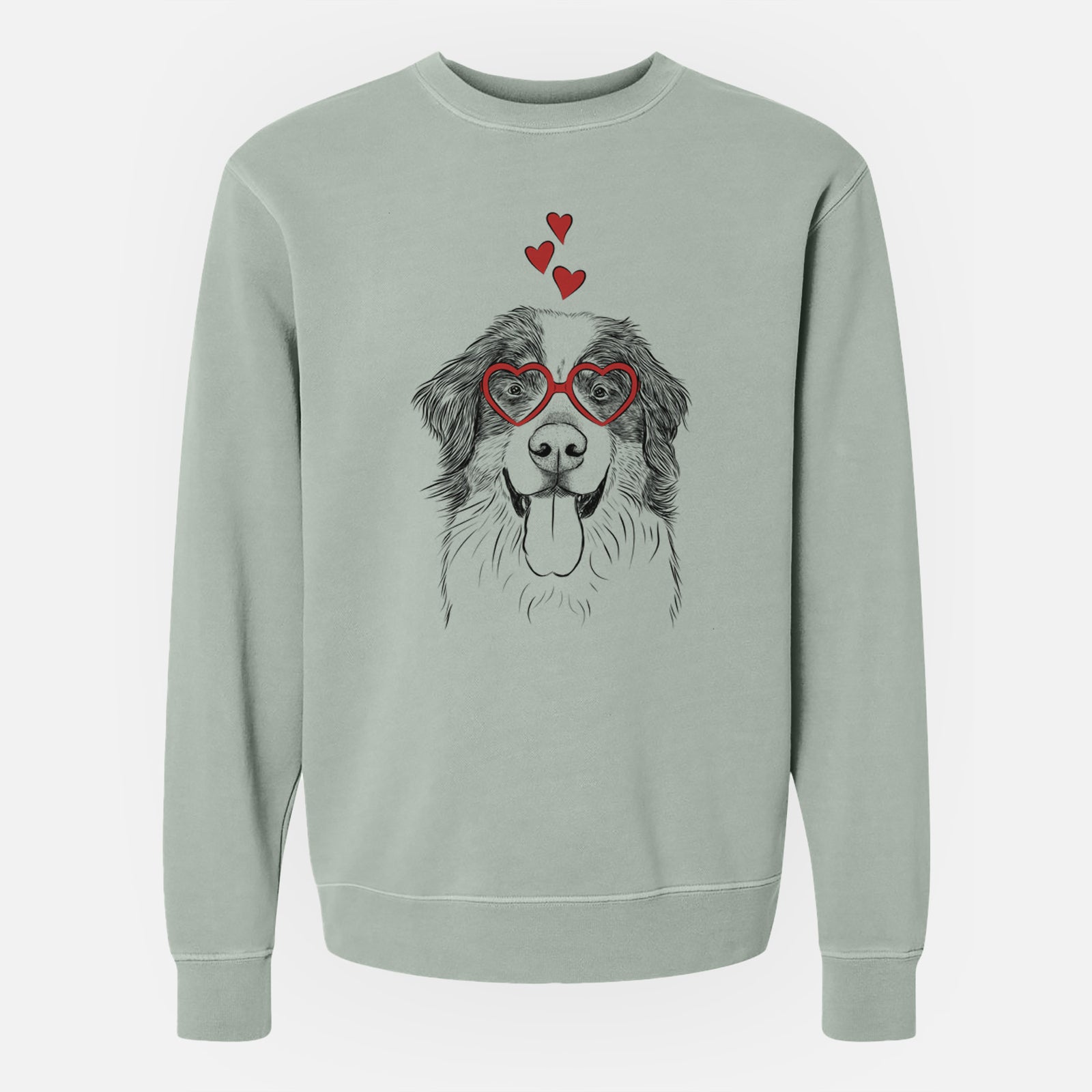 Hand-drawn sketch of Blaze the Bernese Mountain Dog wearing heart-shaped glasses on a Sage Unisex pigment dyed crew sweatshirt
