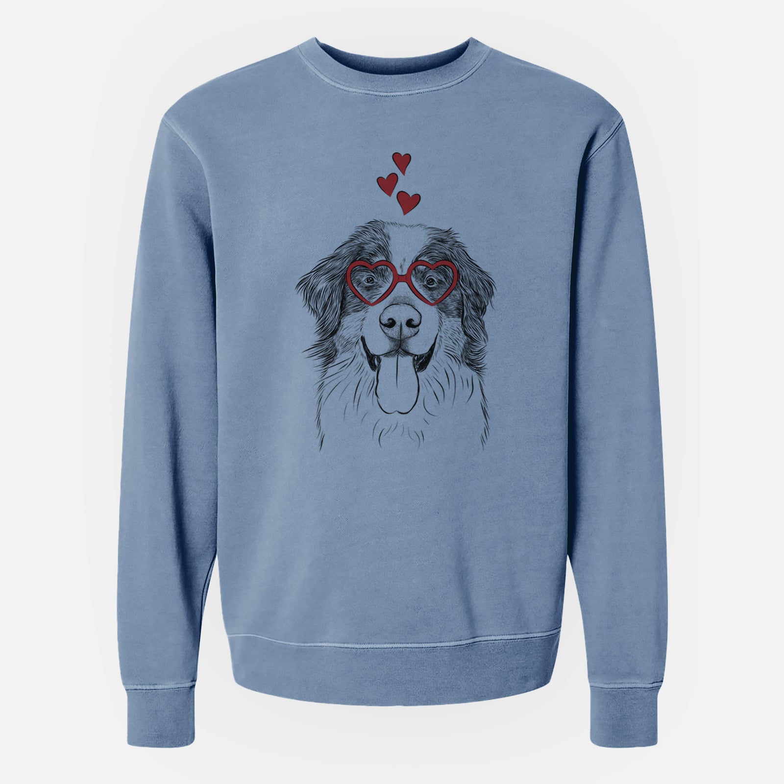 Hand-drawn sketch of Blaze the Bernese Mountain Dog wearing heart-shaped glasses on a Slate Blue Unisex pigment dyed crew sweatshirt