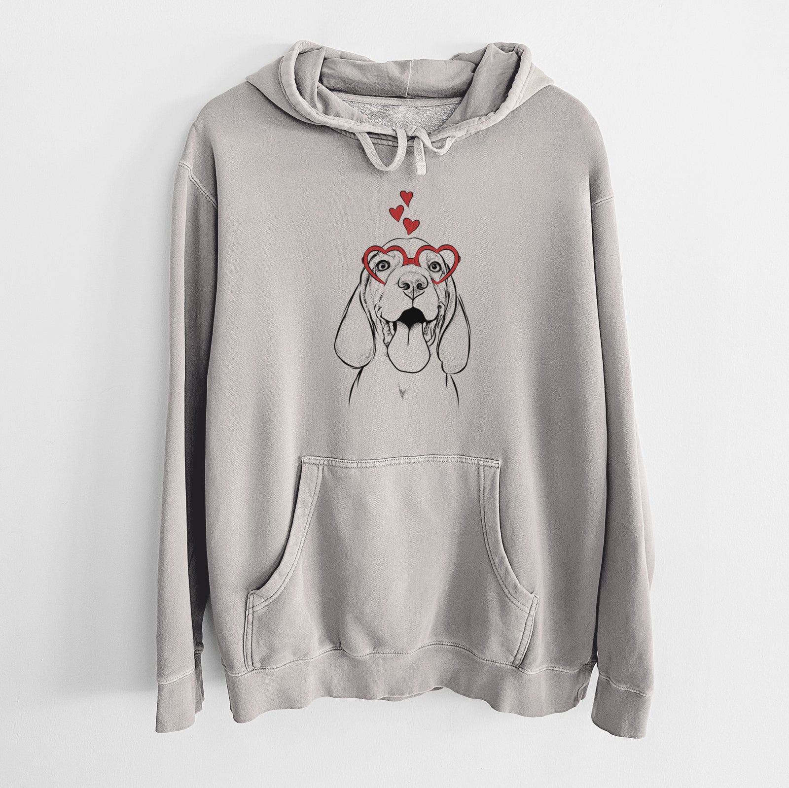 Hand-drawn sketch of Bodi the Vizsla wearing heart-shaped glasses on a Cement Unisex pigment dyed hoodie