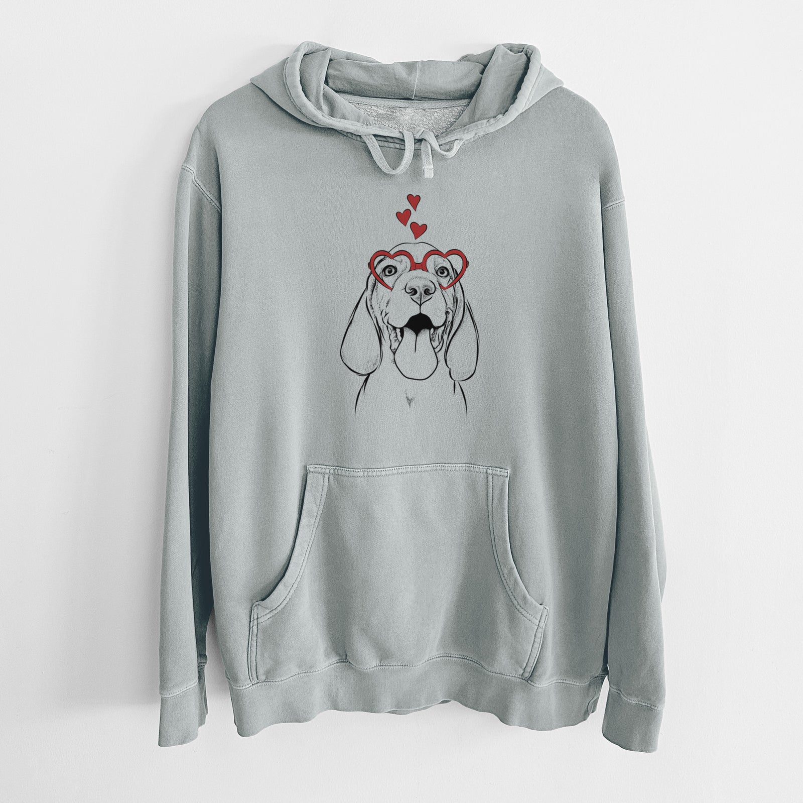 Hand-drawn sketch of Bodi the Vizsla wearing heart-shaped glasses on a Sage Unisex pigment dyed hoodie
