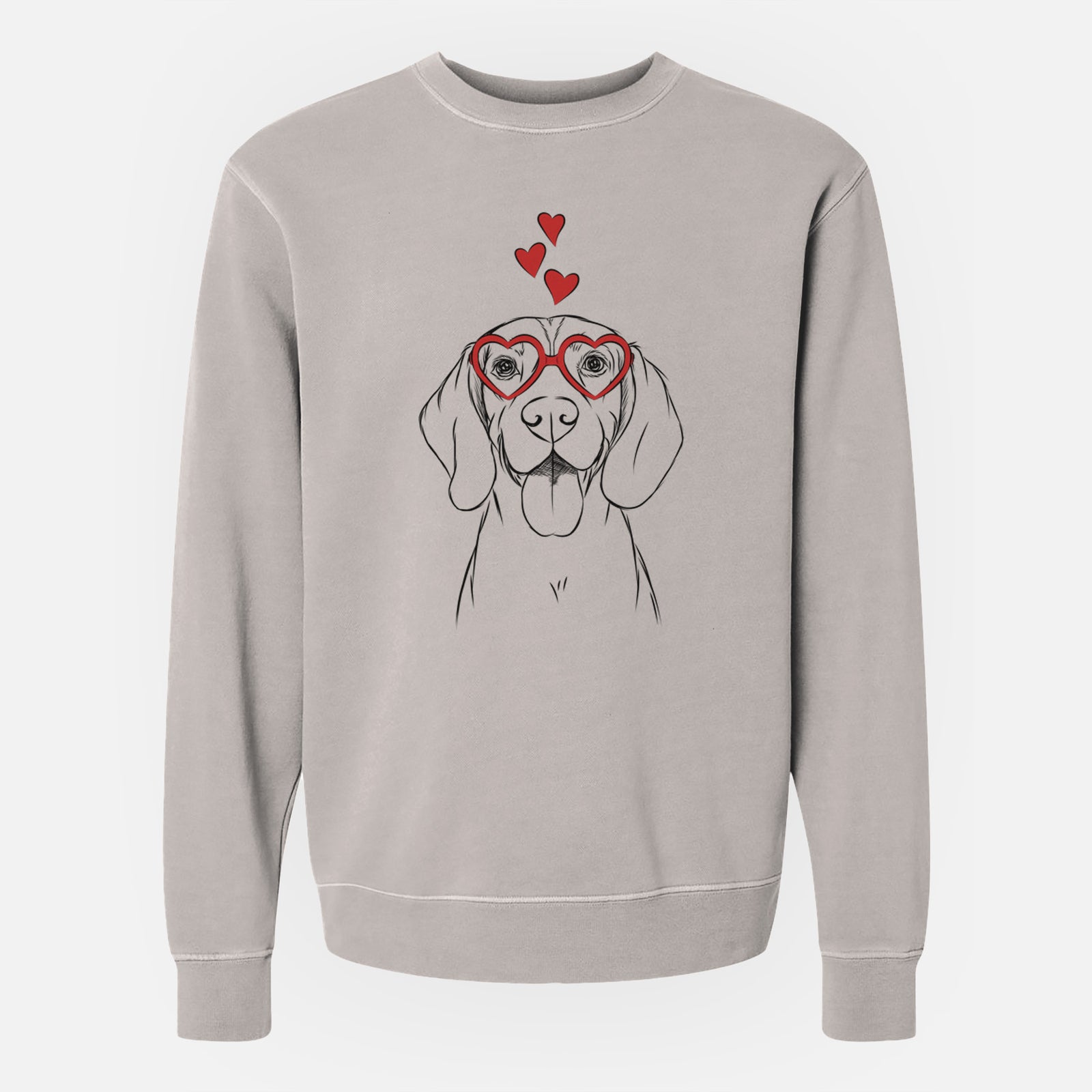 Hand-drawn sketch of Bogie the Beagle wearing heart-shaped glasses on a Cement Unisex pigment dyed crew sweatshirt