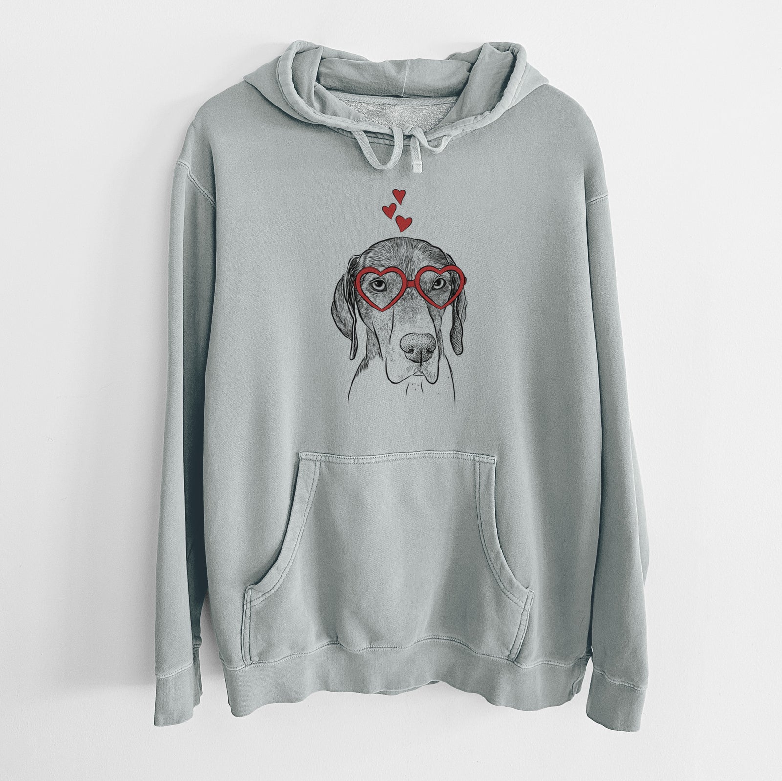 Hand-drawn sketch of Bohdi the German Shorthaired Pointer wearing heart-shaped glasses on a Sage Unisex pigment dyed hoodie