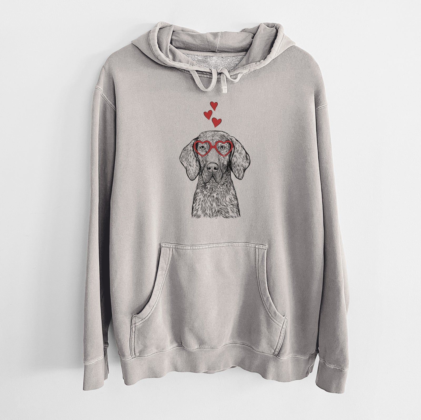Hand-drawn sketch of Boone the Plott Hound wearing heart-shaped glasses on a Cement Unisex pigment dyed hoodie