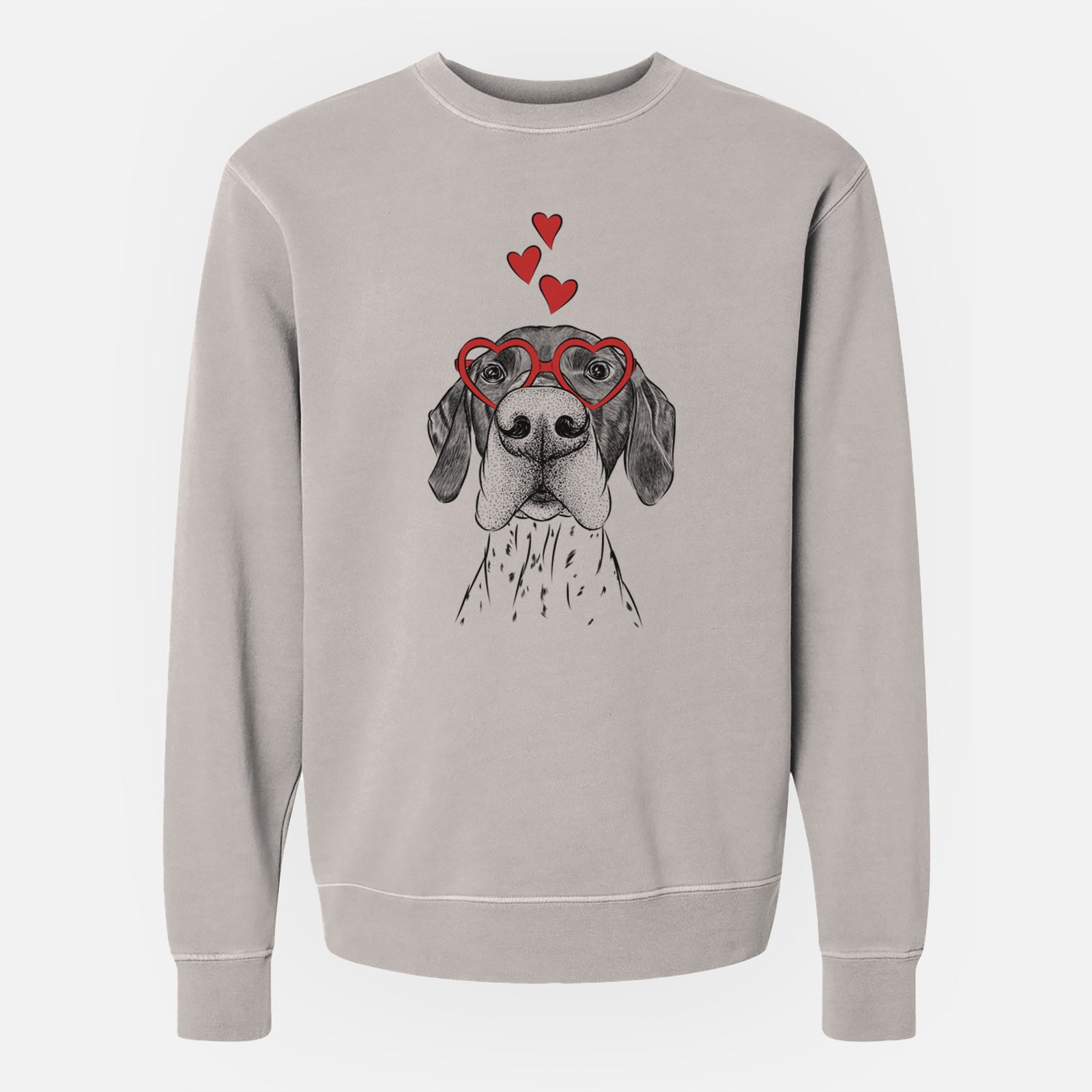 Hand-drawn sketch of Booze the German Shorthaired Pointer wearing heart-shaped glasses on a Cement Unisex pigment dyed crew sweatshirt
