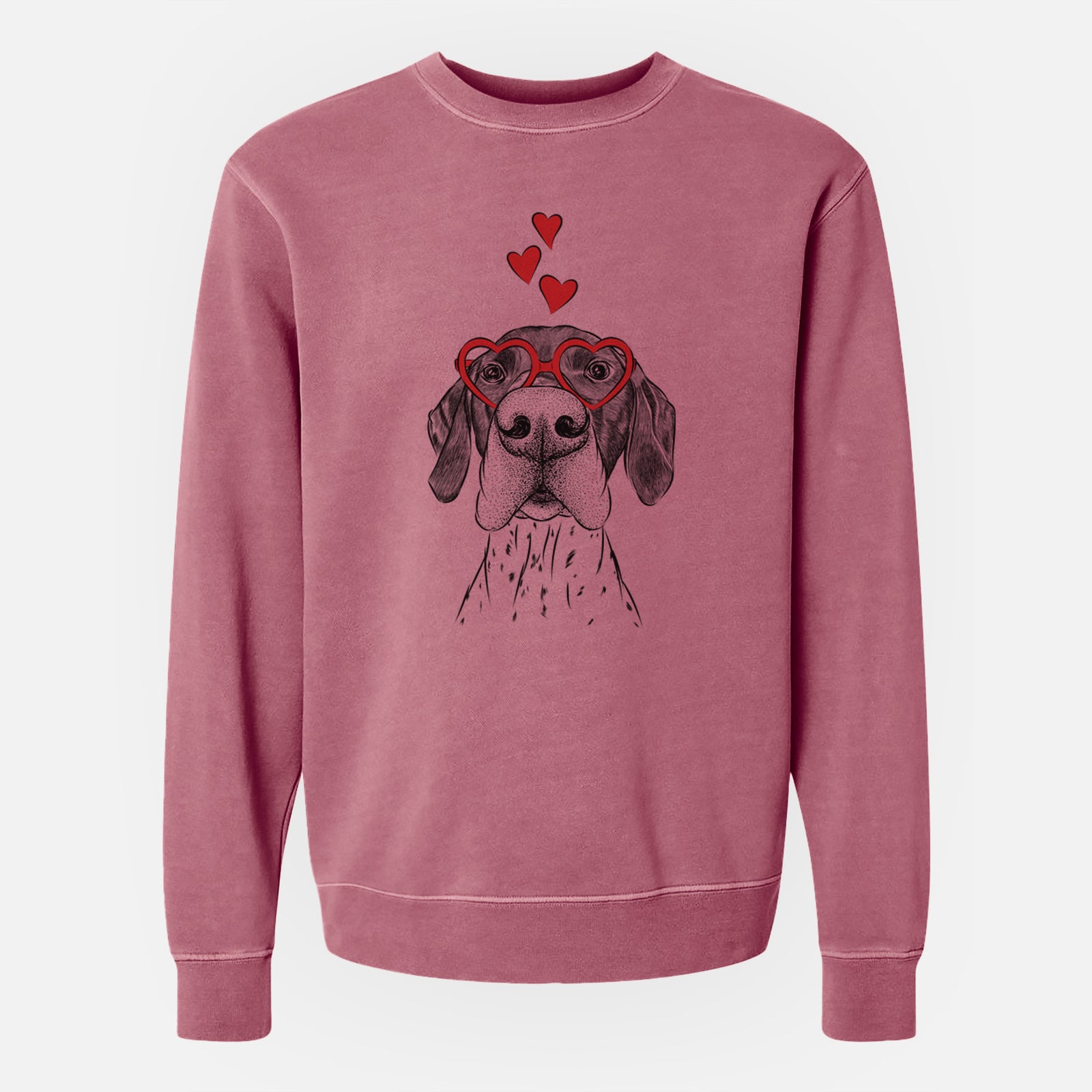 Hand-drawn sketch of Booze the German Shorthaired Pointer wearing heart-shaped glasses on a Maroon Unisex pigment dyed crew sweatshirt