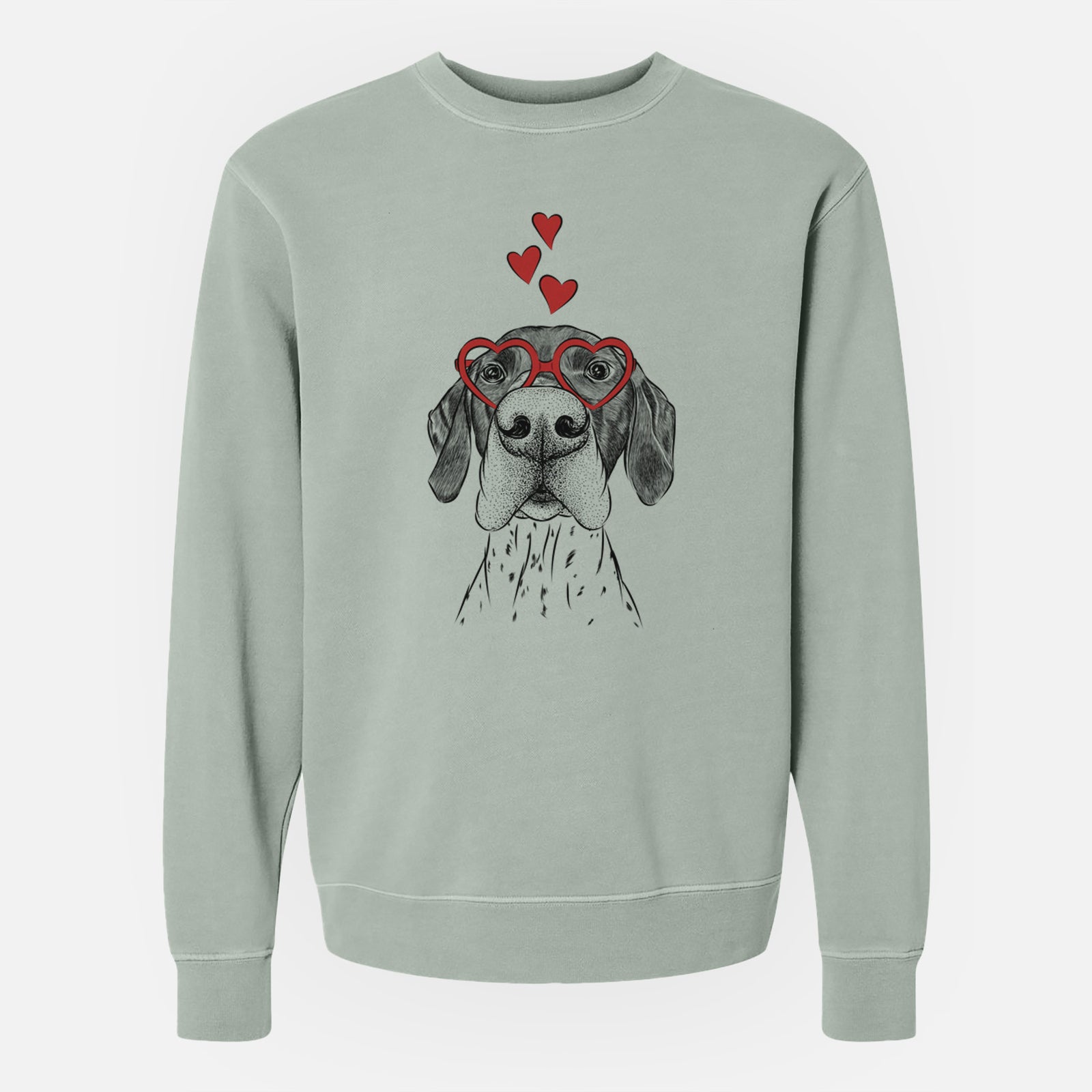 Hand-drawn sketch of Booze the German Shorthaired Pointer wearing heart-shaped glasses on a Sage Unisex pigment dyed crew sweatshirt