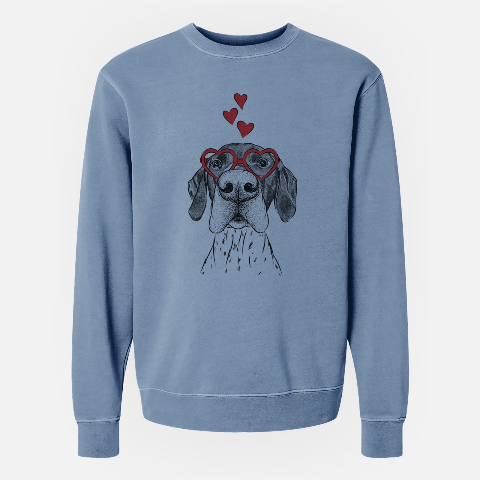 Hand-drawn sketch of Booze the German Shorthaired Pointer wearing heart-shaped glasses on a Slate Blue Unisex pigment dyed crew sweatshirt