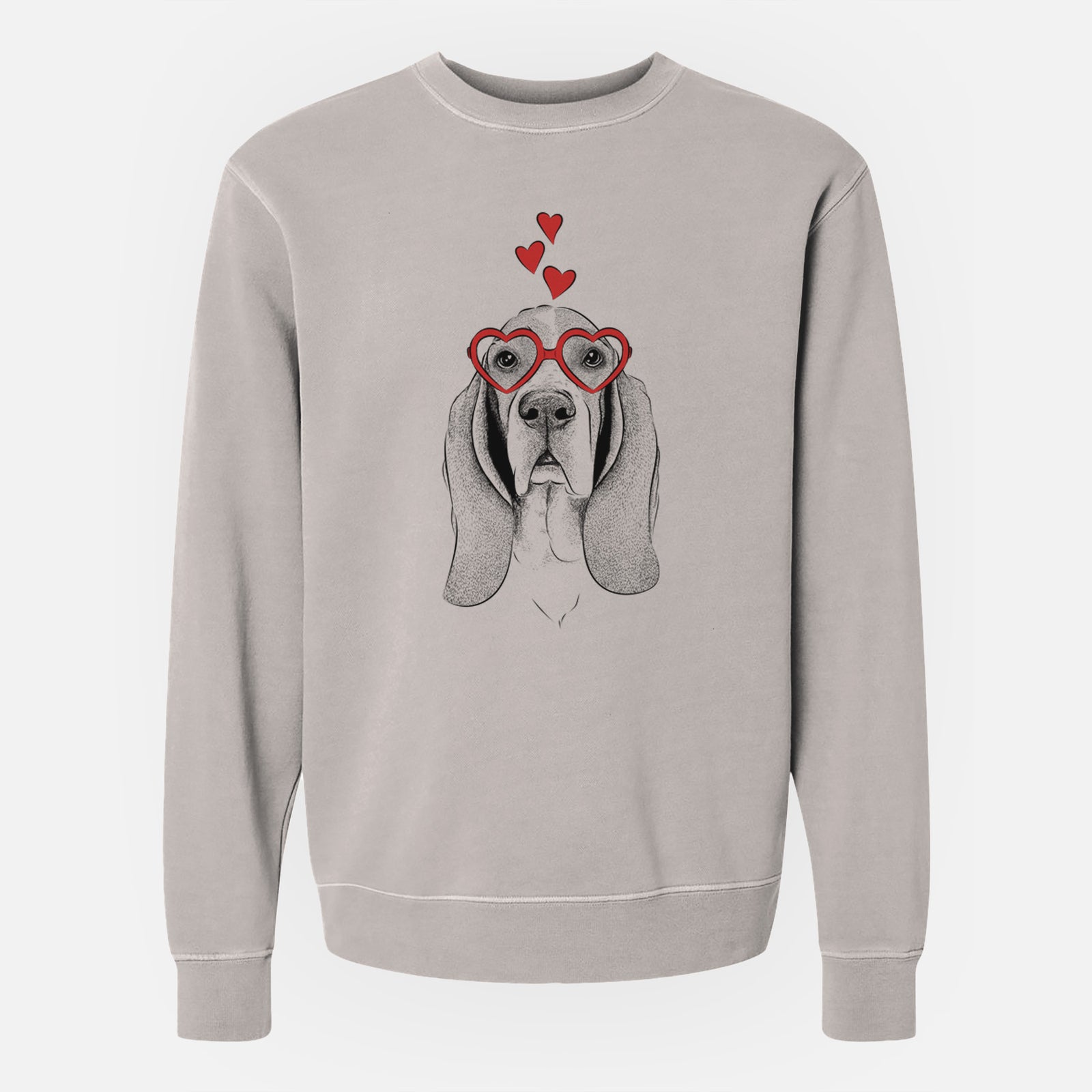 Hand-drawn sketch of Buckley the Basset Hound wearing heart-shaped glasses on a Cement Unisex pigment dyed crew sweatshirt