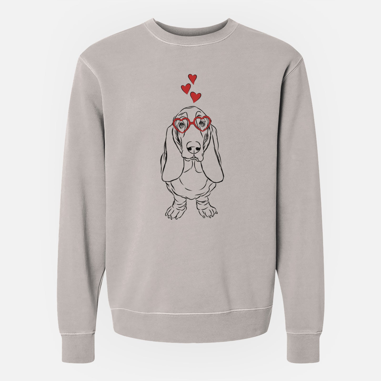 Hand-drawn sketch of Charlie the Basset Hound wearing heart-shaped glasses on a Cement Unisex pigment dyed crew sweatshirt