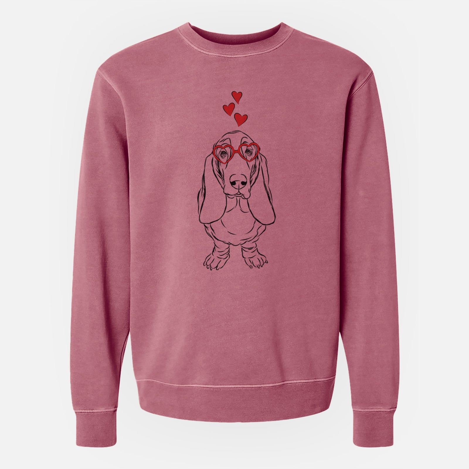 Hand-drawn sketch of Charlie the Basset Hound wearing heart-shaped glasses on a Maroon Unisex pigment dyed crew sweatshirt