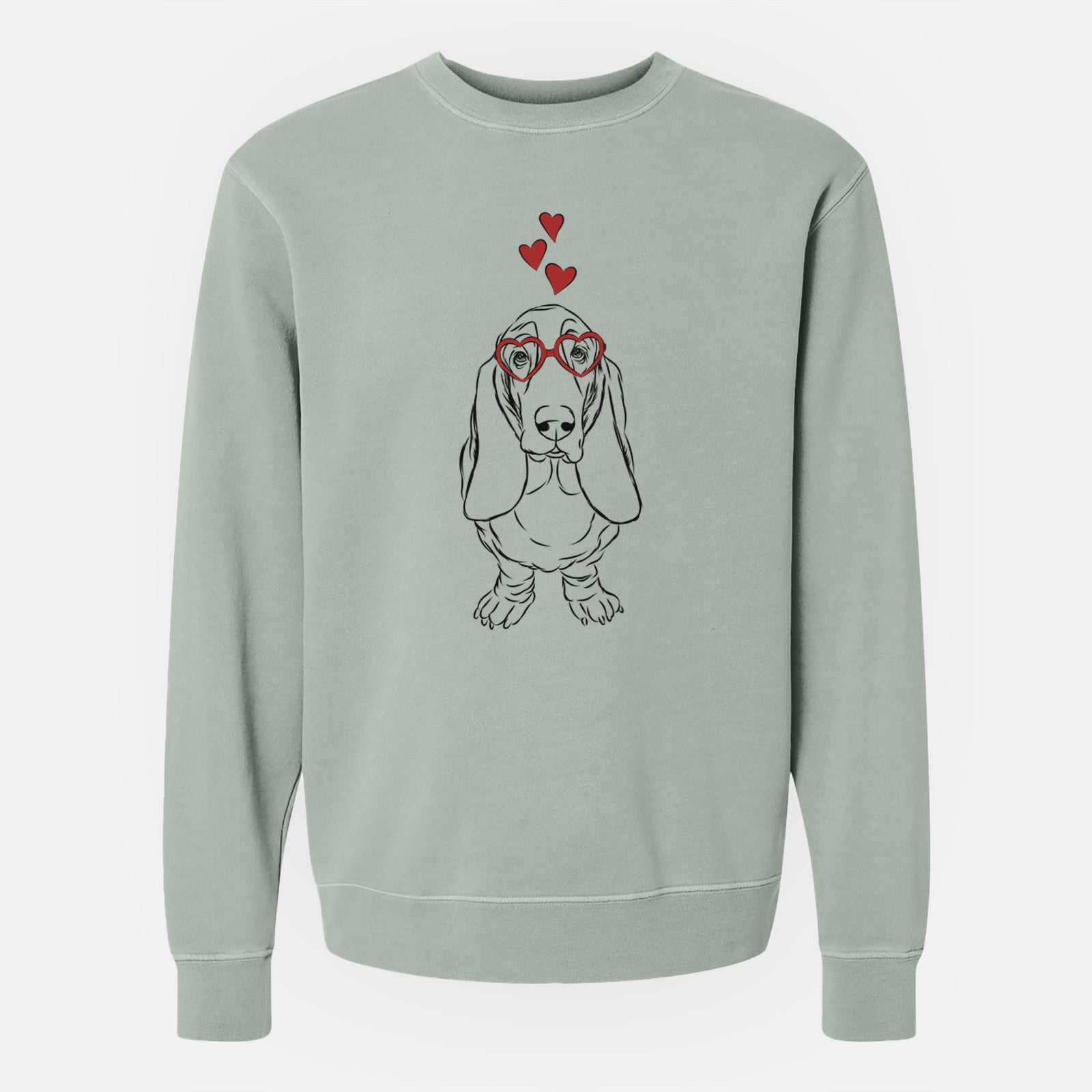 Hand-drawn sketch of Charlie the Basset Hound wearing heart-shaped glasses on a Sage Unisex pigment dyed crew sweatshirt