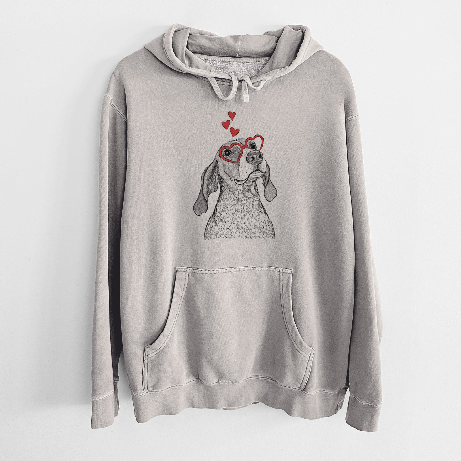 Hand-drawn sketch of Chester the Red Tick Coonhound wearing heart-shaped glasses on a Cement Unisex pigment dyed hoodie