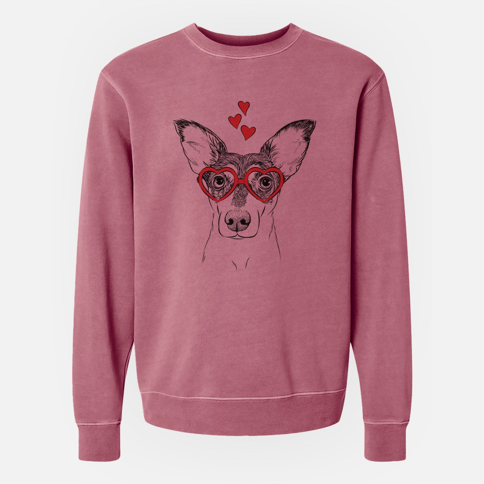 Hand-drawn sketch of Chloe the Doxie Mix wearing heart-shaped glasses on a Maroon Unisex pigment dyed crew sweatshirt