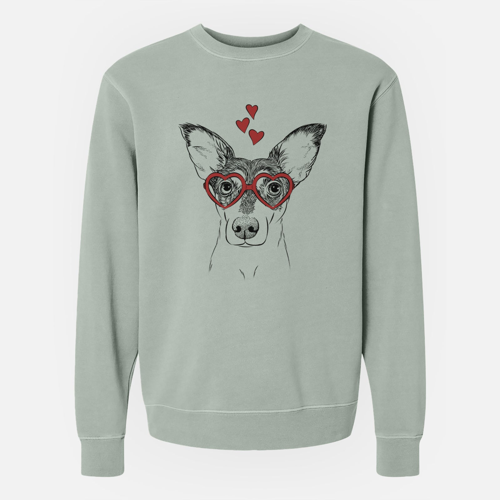Hand-drawn sketch of Chloe the Doxie Mix wearing heart-shaped glasses on a Sage Unisex pigment dyed crew sweatshirt
