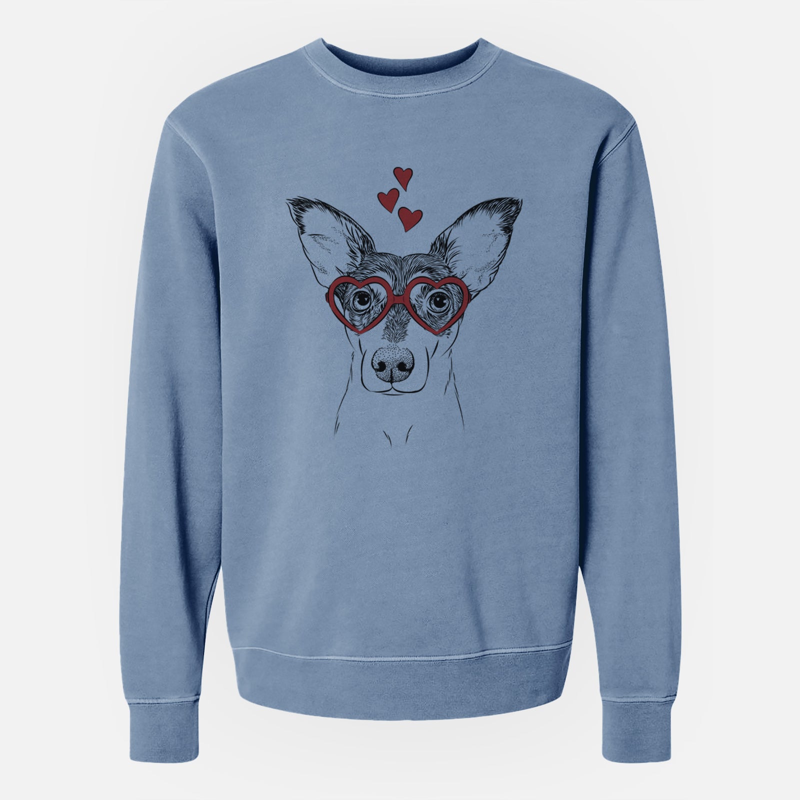 Hand-drawn sketch of Chloe the Doxie Mix wearing heart-shaped glasses on a Slate Blue Unisex pigment dyed crew sweatshirt
