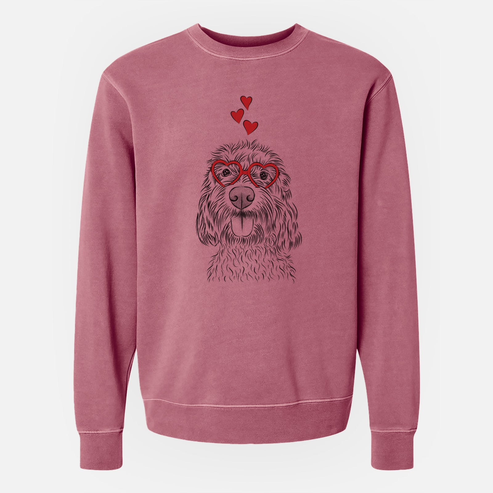 Hand-drawn sketch of Clover the Cockapoo wearing heart-shaped glasses on a Maroon Unisex pigment dyed crew sweatshirt