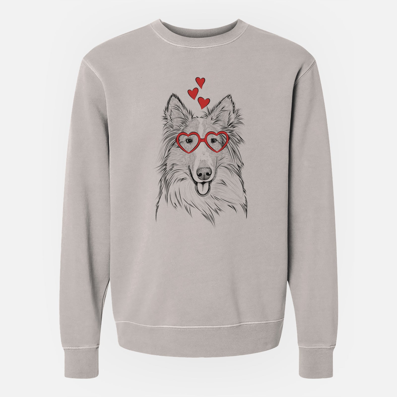 Hand-drawn sketch of Conrad the Rough Collie wearing heart-shaped glasses on a Cement Unisex pigment dyed crew sweatshirt