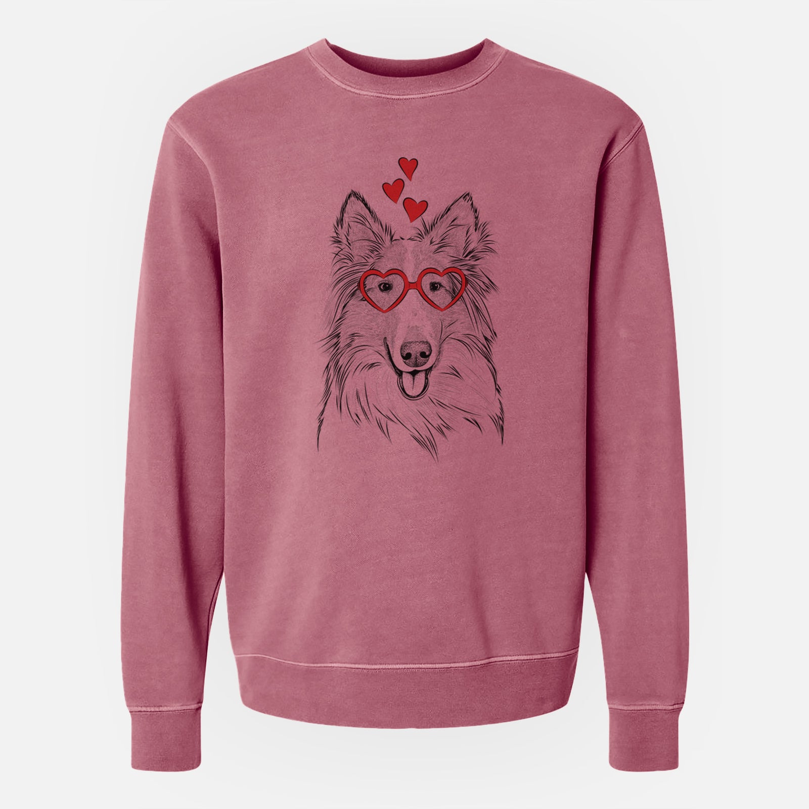 Hand-drawn sketch of Conrad the Rough Collie wearing heart-shaped glasses on a Maroon Unisex pigment dyed crew sweatshirt