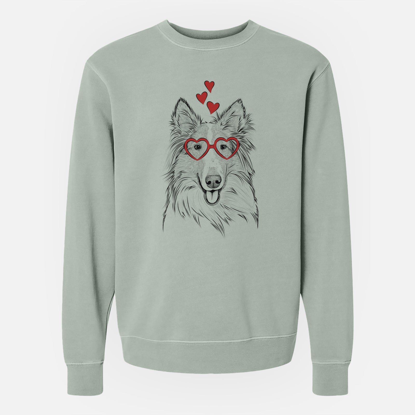 Hand-drawn sketch of Conrad the Rough Collie wearing heart-shaped glasses on a Sage Unisex pigment dyed crew sweatshirt
