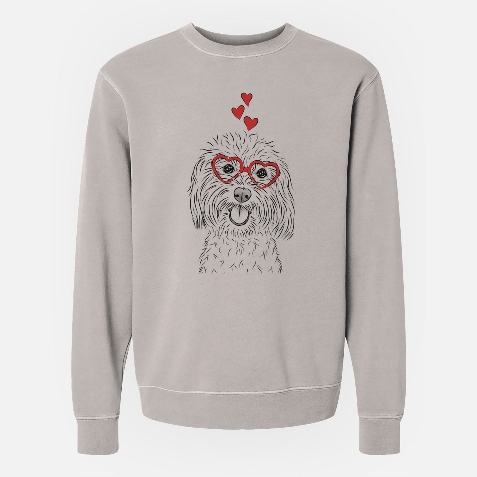 Hand-drawn sketch of Cuddles the Coton de Tulear wearing heart-shaped glasses on a Cement Unisex pigment dyed crew sweatshirt