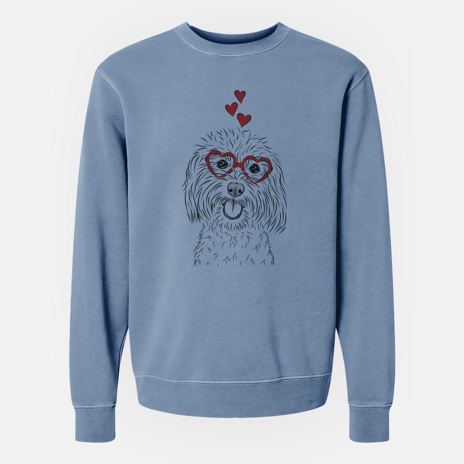 Hand-drawn sketch of Cuddles the Coton de Tulear wearing heart-shaped glasses on a Slate Blue Unisex pigment dyed crew sweatshirt