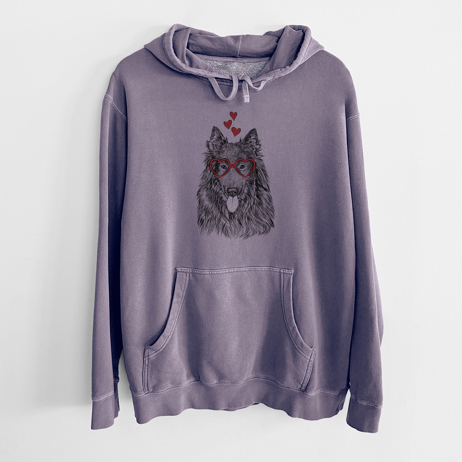 Hand-drawn sketch of Daan the Belgian Shepherd wearing heart-shaped glasses on a Plum Unisex pigment dyed hoodie