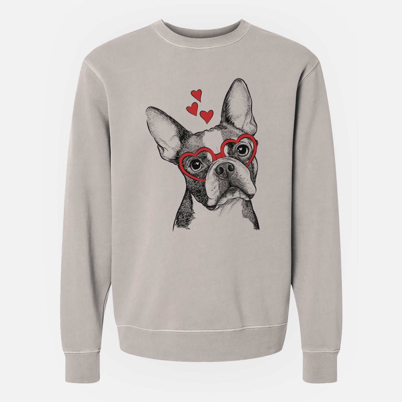 Hand-drawn sketch of Dee Dee the Boston Terrier wearing heart-shaped glasses on a Cement Unisex pigment dyed crew sweatshirt