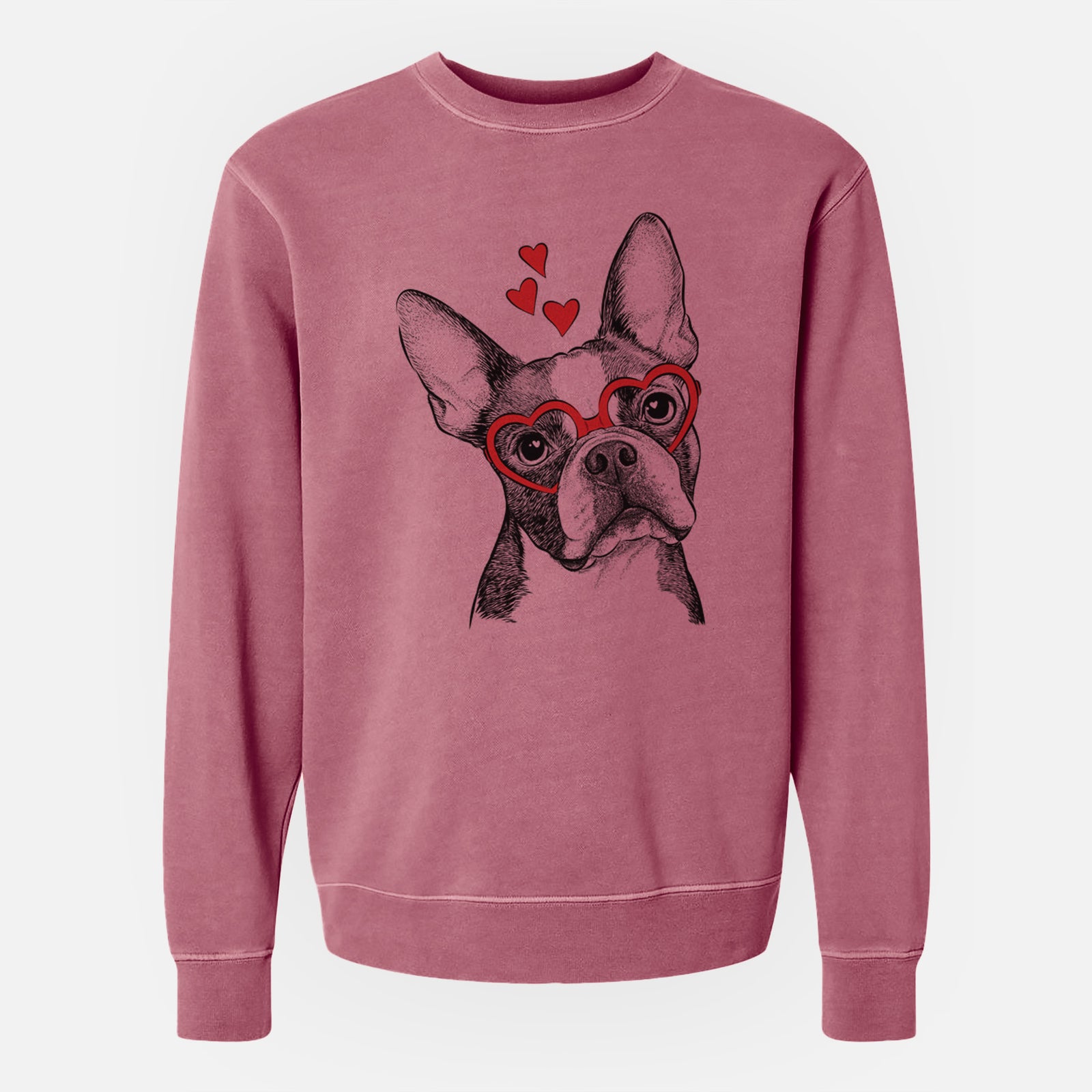 Hand-drawn sketch of Dee Dee the Boston Terrier wearing heart-shaped glasses on a Maroon Unisex pigment dyed crew sweatshirt