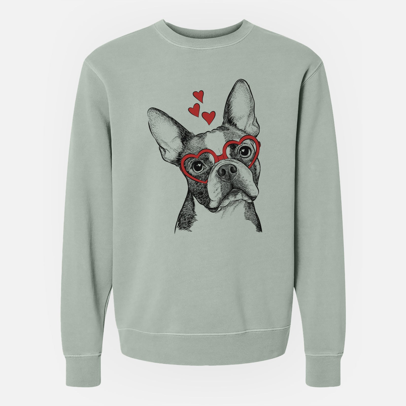 Hand-drawn sketch of Dee Dee the Boston Terrier wearing heart-shaped glasses on a Sage Unisex pigment dyed crew sweatshirt